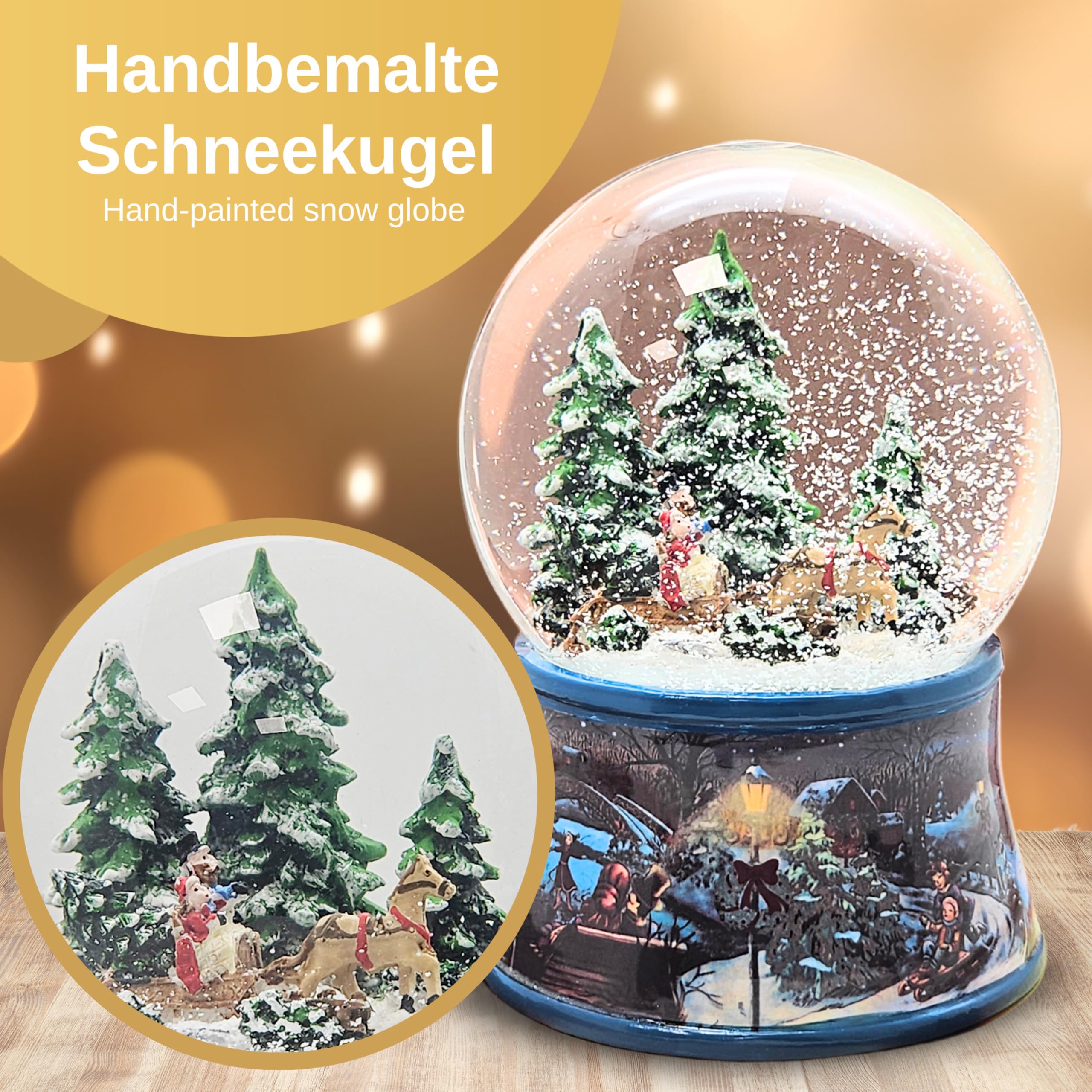 Schneekugel Schlittenfahrt mit Pferdekutsche * auf Sockel nostalgische Winterlandschaft dunkelblau Eisläufer Weihnachten Winter mit Spieluhr - 100mm breit | 20091