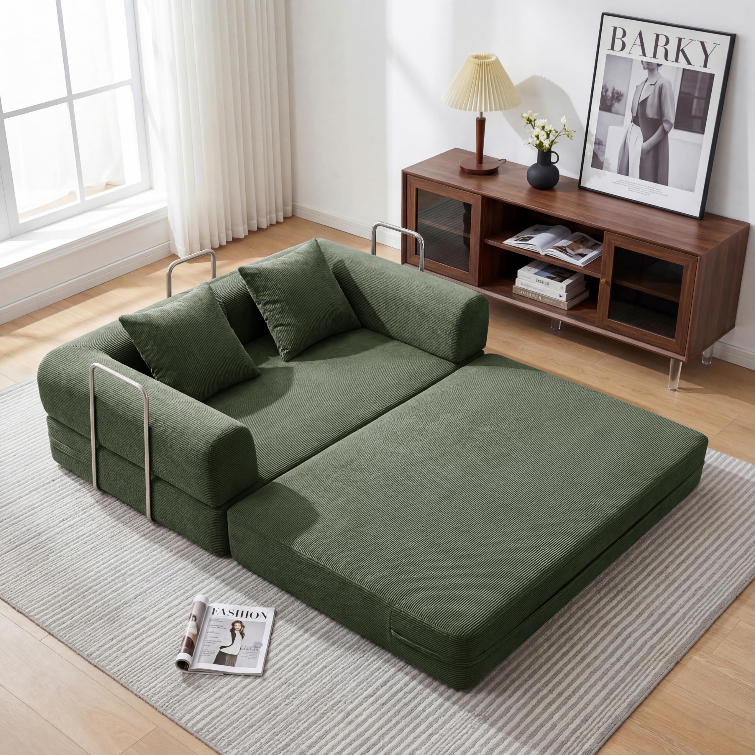 59'' Convertible Compressed Corduroy Folding Cloud Sofa Bed, Modern Boneless Pull Out Loveseat Sleeper in a Box, 4 in 1 Floor Mattress Futon Cloud Couch, No Assembly Needed, Green, 2 Pillows, Queen