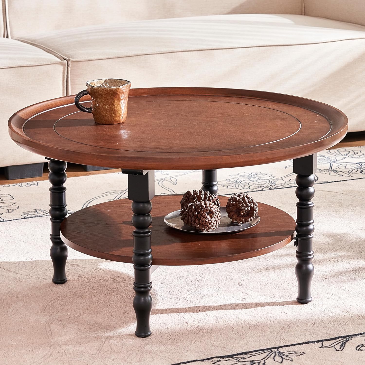 Shrine Round Wood Coffee Table, Brown Walnut Wood Table for Living Room, D31.5'' x H17.5'', Round Tray-Style Wooden Tabletop & Four Matte Black Turned Gourd-Shaped Legs