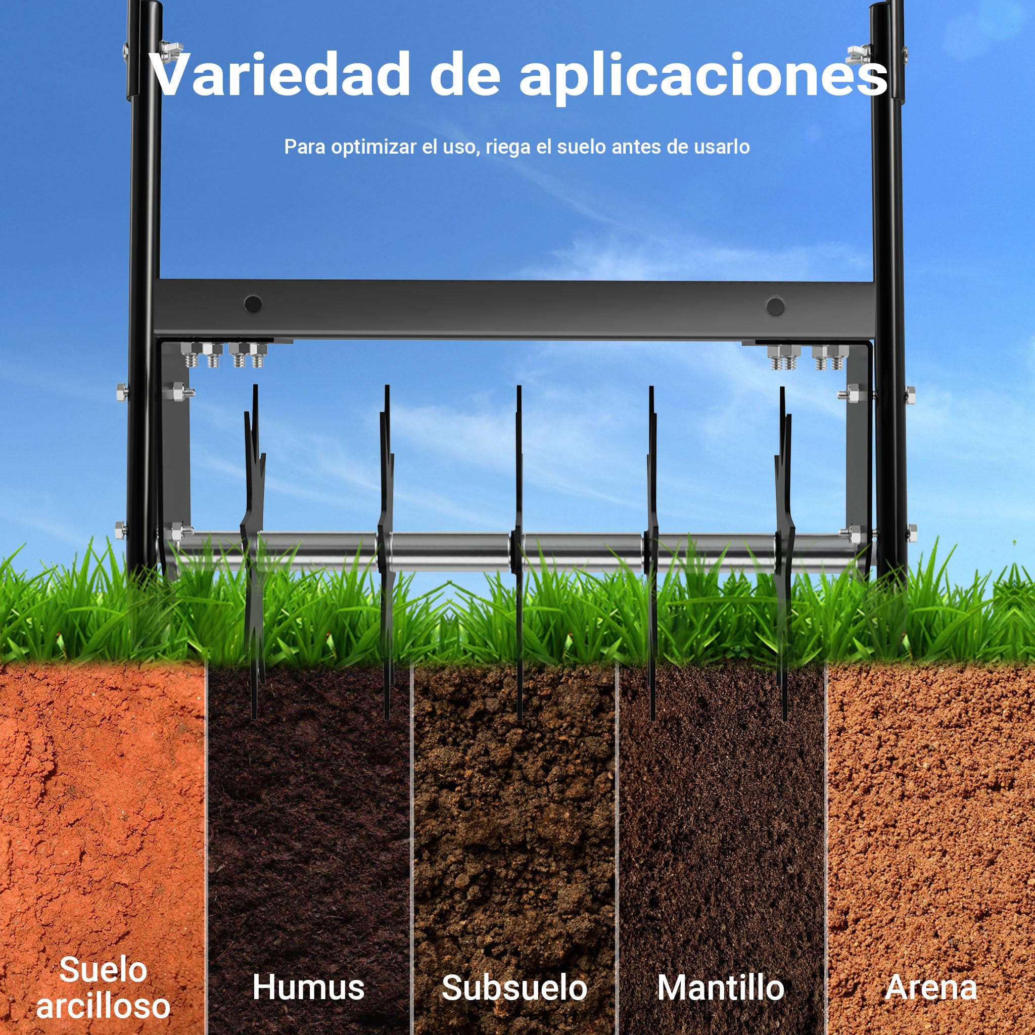 Wiltec Aireador de césped negro con 40 cm de ancho de trabajo y 6,4 cm de profundidad de trabajo escarificador manual con 5 discos de púas de acero perforador de césped