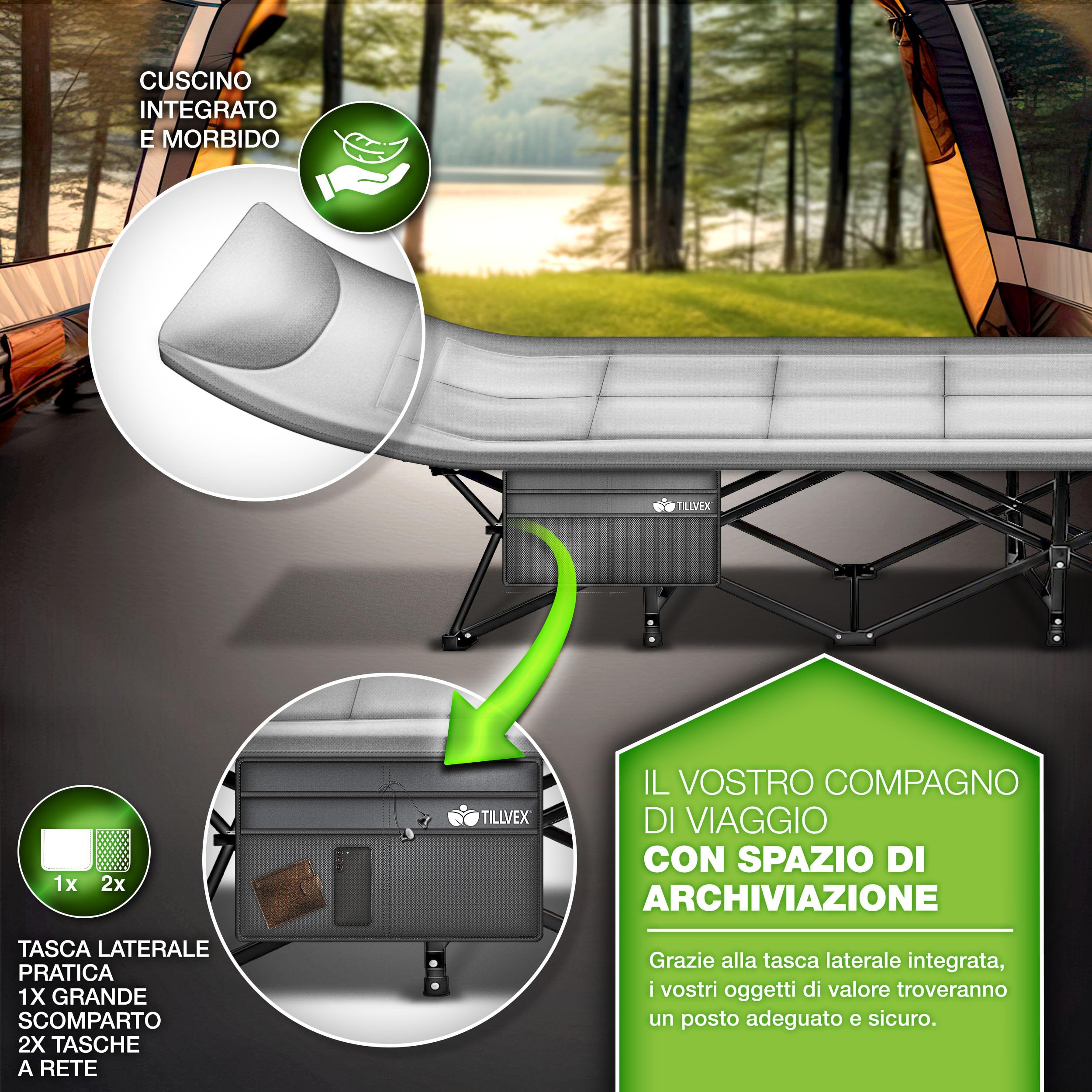tillvex® Letto da campeggio pieghevole con borsa per il trasporto fino a 200 kg | Lettino da campeggio extra largo | Lettino da campeggio per interni ed esterni | Letto pieghevole per gli ospiti