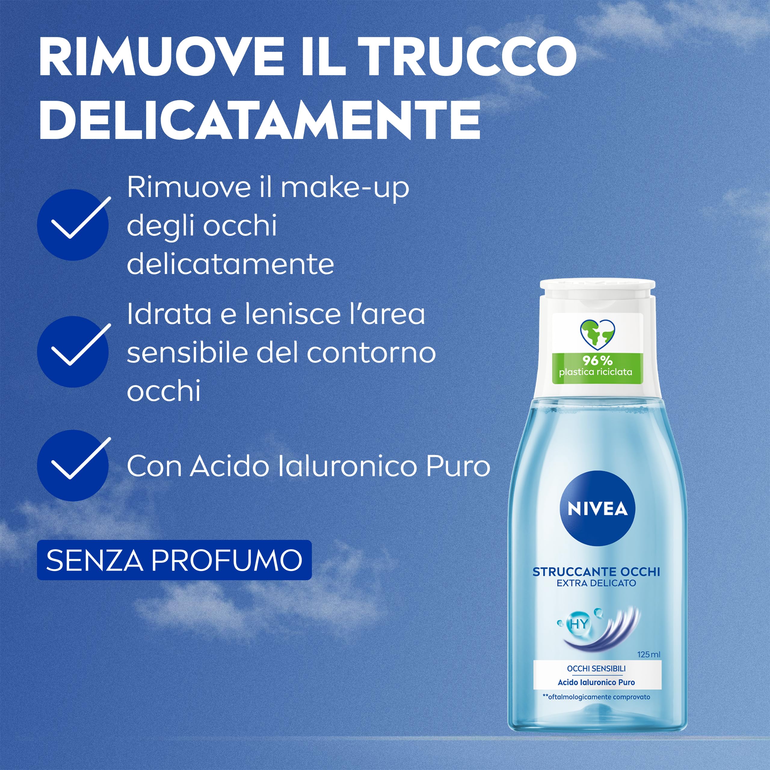 NIVEA Struccante Occhi Extra Delicato 6 x 125 ml, Struccante bifasico per trucco e mascara, Olio struccante con Acido Ialuronico Puro, Non irrita, Senza profumo, Per occhi sensibili