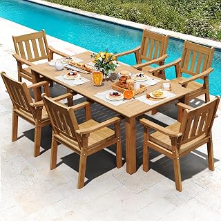 YEFU 7-Piece HIPS Patio Dining Set for 6: Outdoor Table & Chairs with Umbrella Hole, Teak-Look Plastic, Aluminum Frame - Weatherproof Deck Furniture