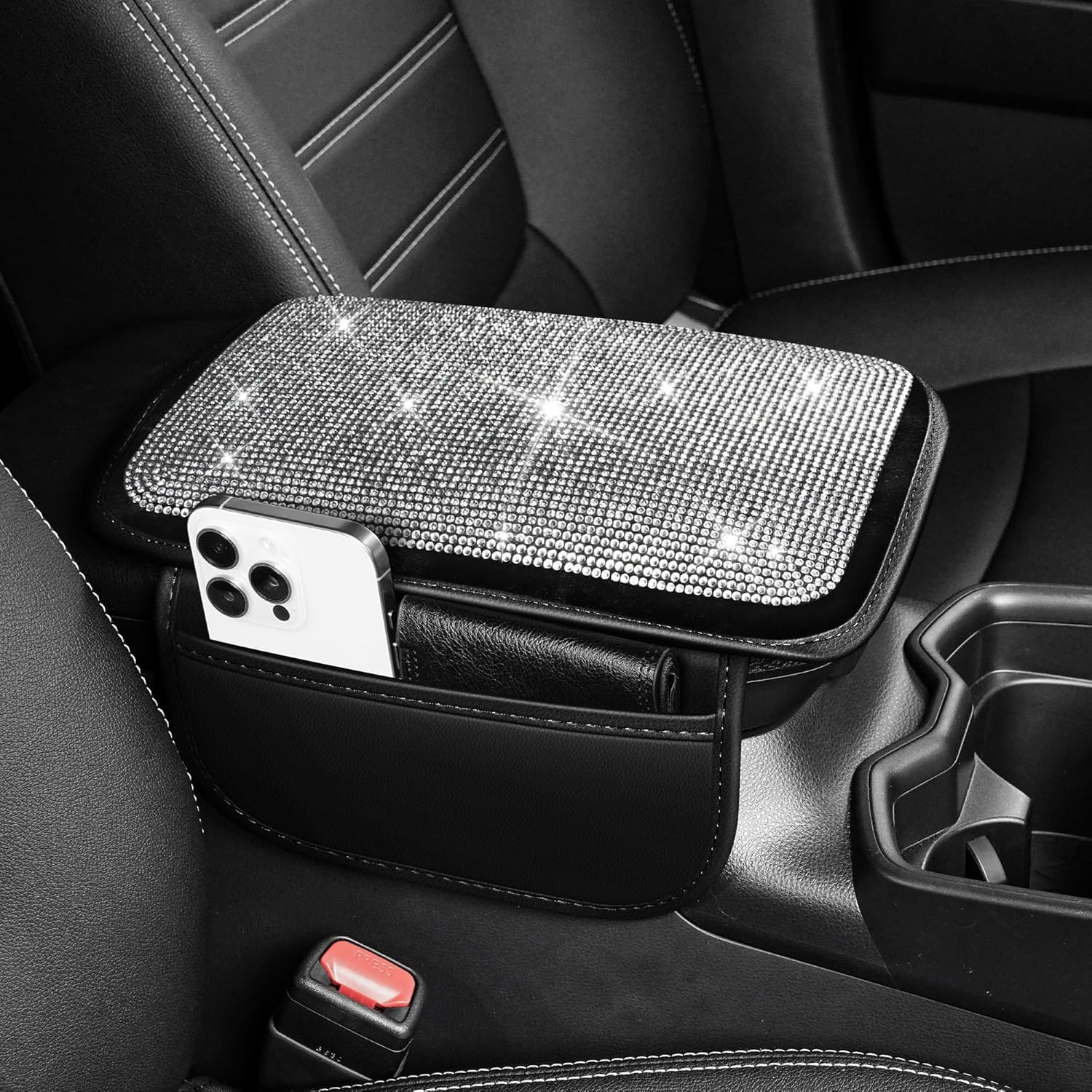 Center Console Cover Fit for Hyundai Santa Fe with 2 Storage Bags Fully Diamond-Studded Style Center Console Armrest Cover with Total Protection(Silver Diamond)