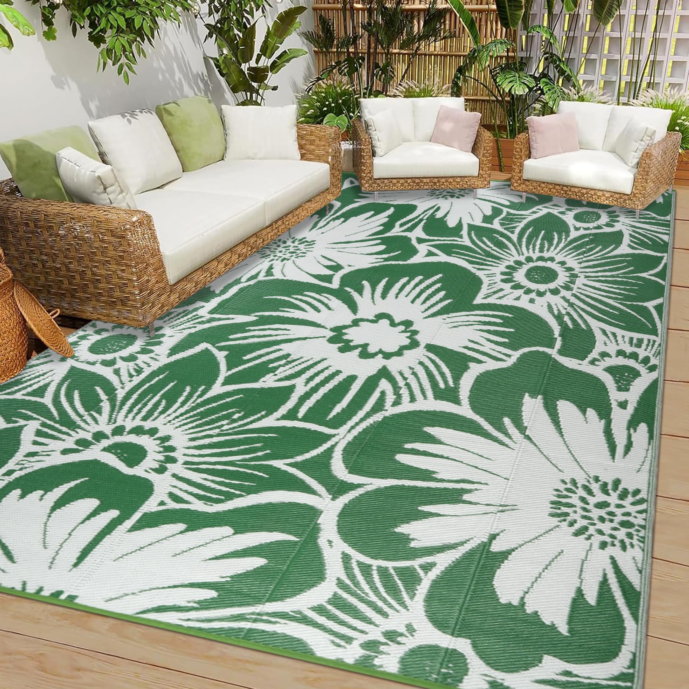 Cekene Outdoor Rugs for Garden Waterproof 180x270cm Green Flora Reversible Plastic Garden Rug UV Resistant Outdoor Area Floor Mat for Outside BBQ Deck Balcony Porch