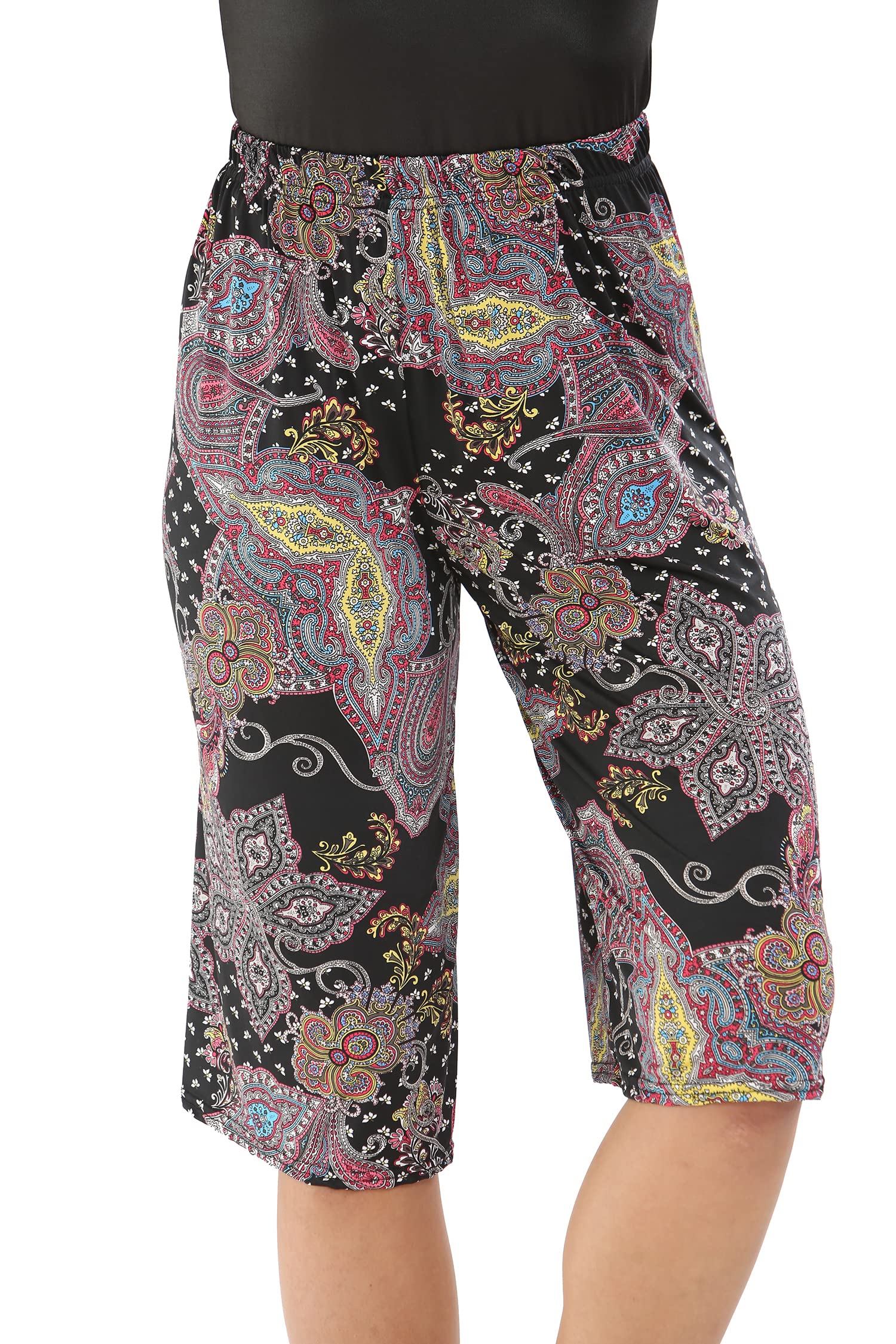 WearAll New Womens Plus Size Crepe Plain Stretch Wide Leg Culottes Ladies Shorts - Wine Paisley - 12-14