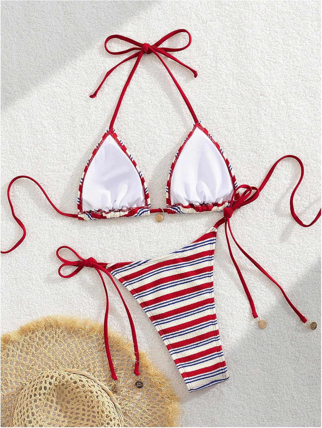 WDIRARA Women's 2 Piece Striped Bikini Set Halter Swimsuits Triangle String Bathing Suit - Image 2