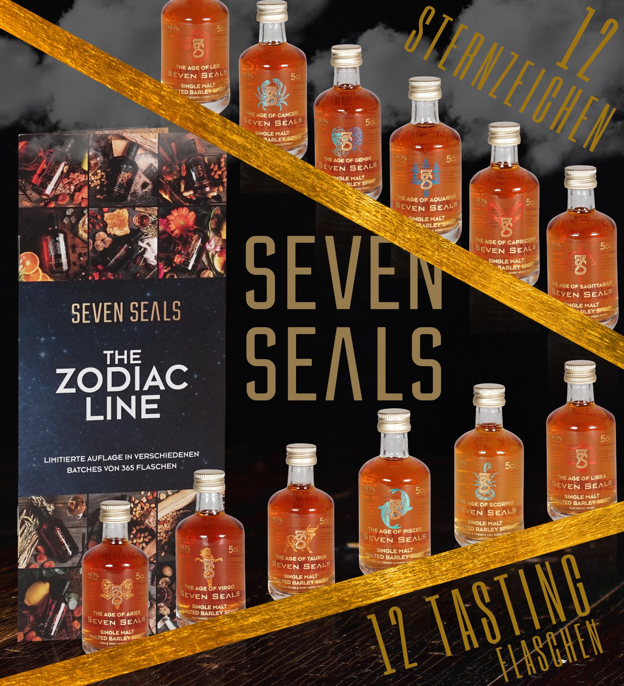 Seven Seals Single Malt Geschenkset | Zodiac Tasting Set | 12 x 5cl Tasting Miniaturen | Premium Probierpaket | Geschenkidee für Männer & Genießer | Schweizer Qualität | 49,7 % Vol