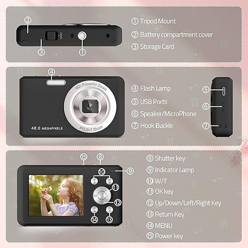 Miniatura 2 de Cámara Digital, Cámara Compacta FHD 1080P con Tarjeta de 32GB, Cámara de 48MP LCD de 2.4'' Zoom Digital 16X para Niño Estudiante Niños Adolescente