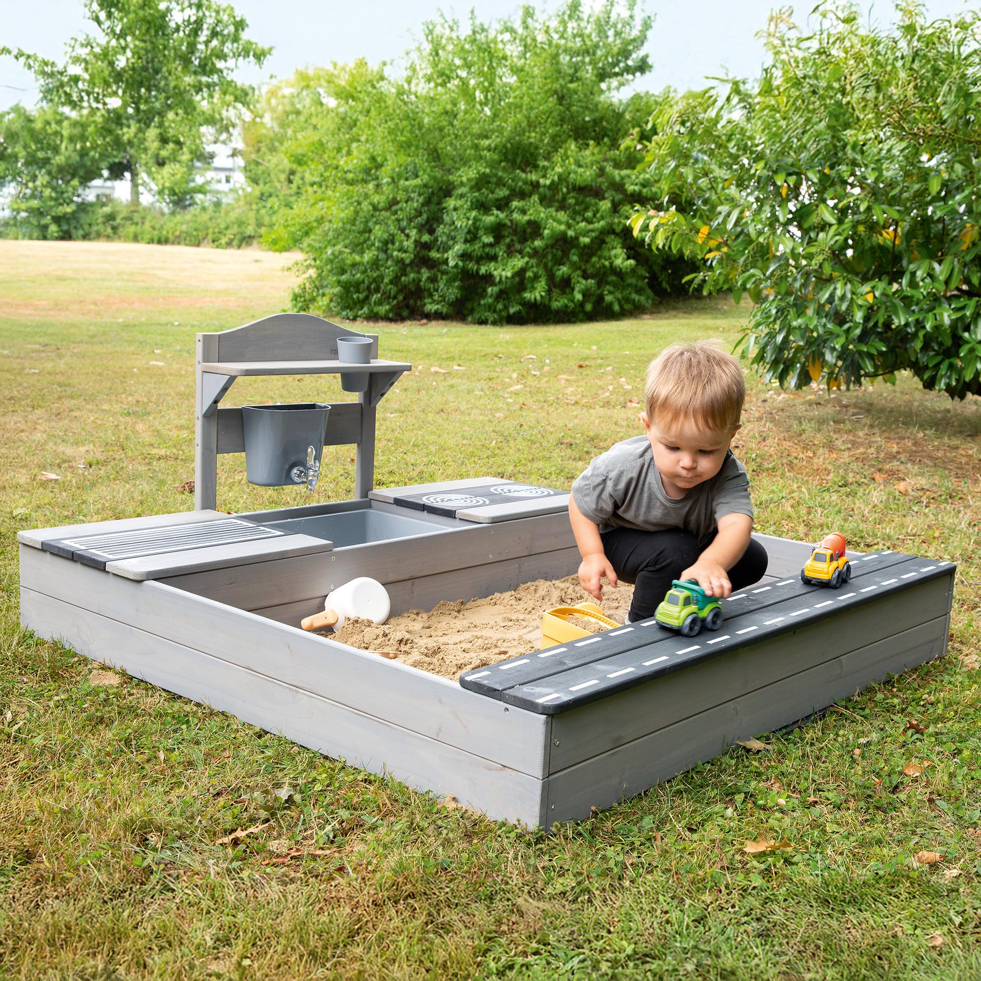 roba Sabbiera per Bambini - Certificata FSC con Cucina da Esterno - Resistente alle Intemperie - dai 12 Mesi - per Giardino, Terrazza, Balcone - Legno Massiccio - Grigio Smaltato