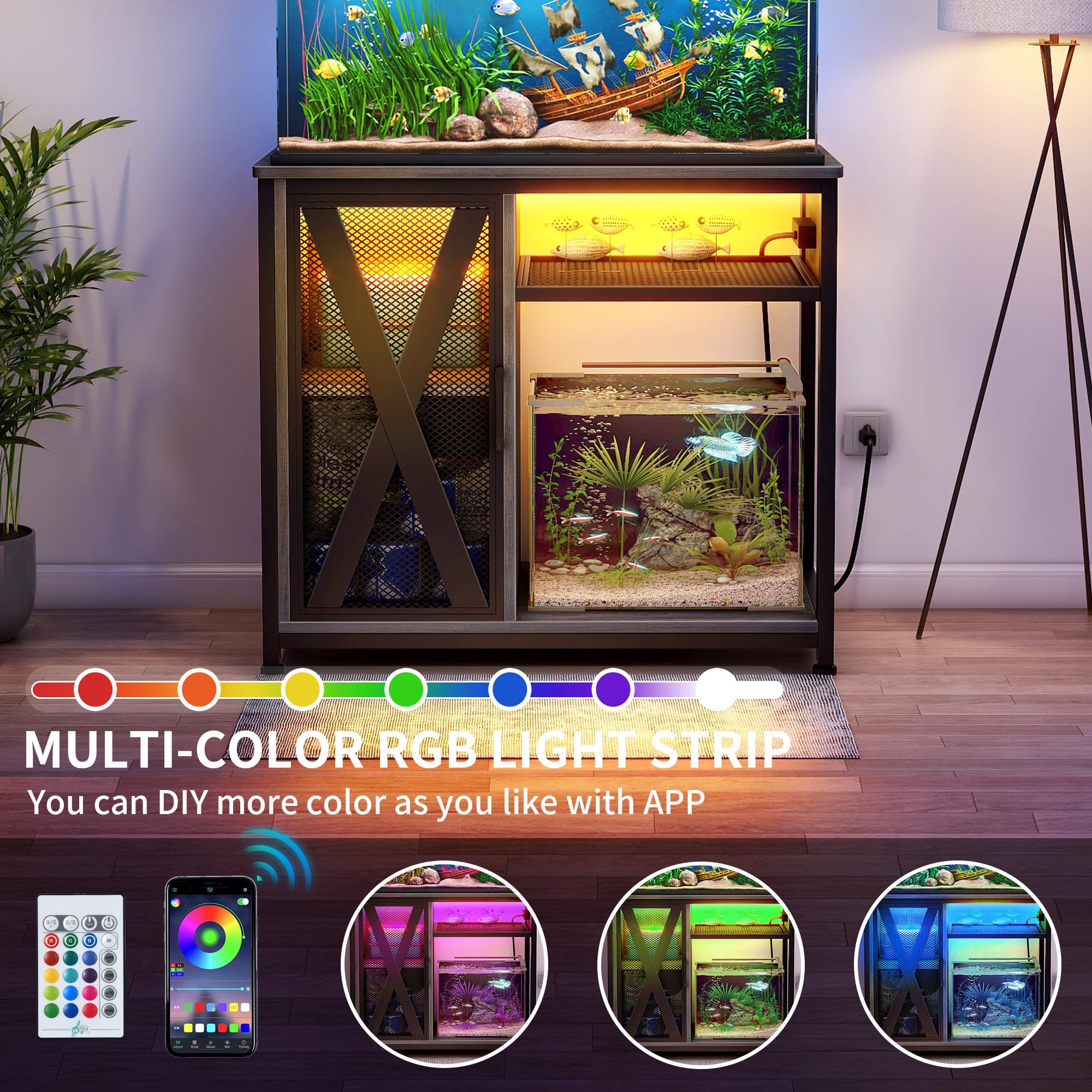 DWVO Support d'aquarium de 40 à 50 gallons avec prises de courant et lumière LED, armoire pour rangement d'accessoires d'aquarium – Support en métal adapté pour aquarium de tortues, terrarium de