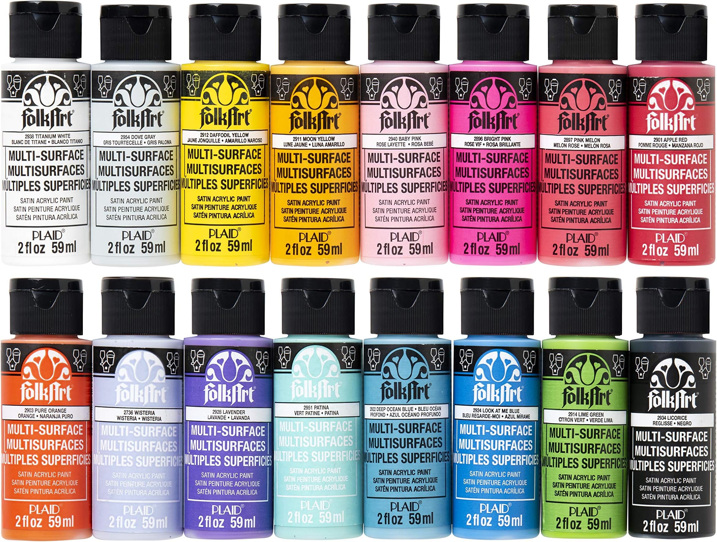 FolkArt 16 Piece Multi Surface Acrylic Craft Paint Set Formulated to be Non-Toxic that is Perfect for Beginners and Artists, Bright Colors Count, 2 Fl Oz (Pack of 16)