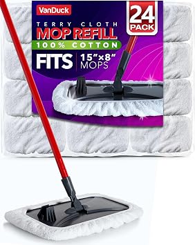 VanDuck 100% Cotton Terry Mop Pads 15x8 Inch, 24-Pack Mop Not Included