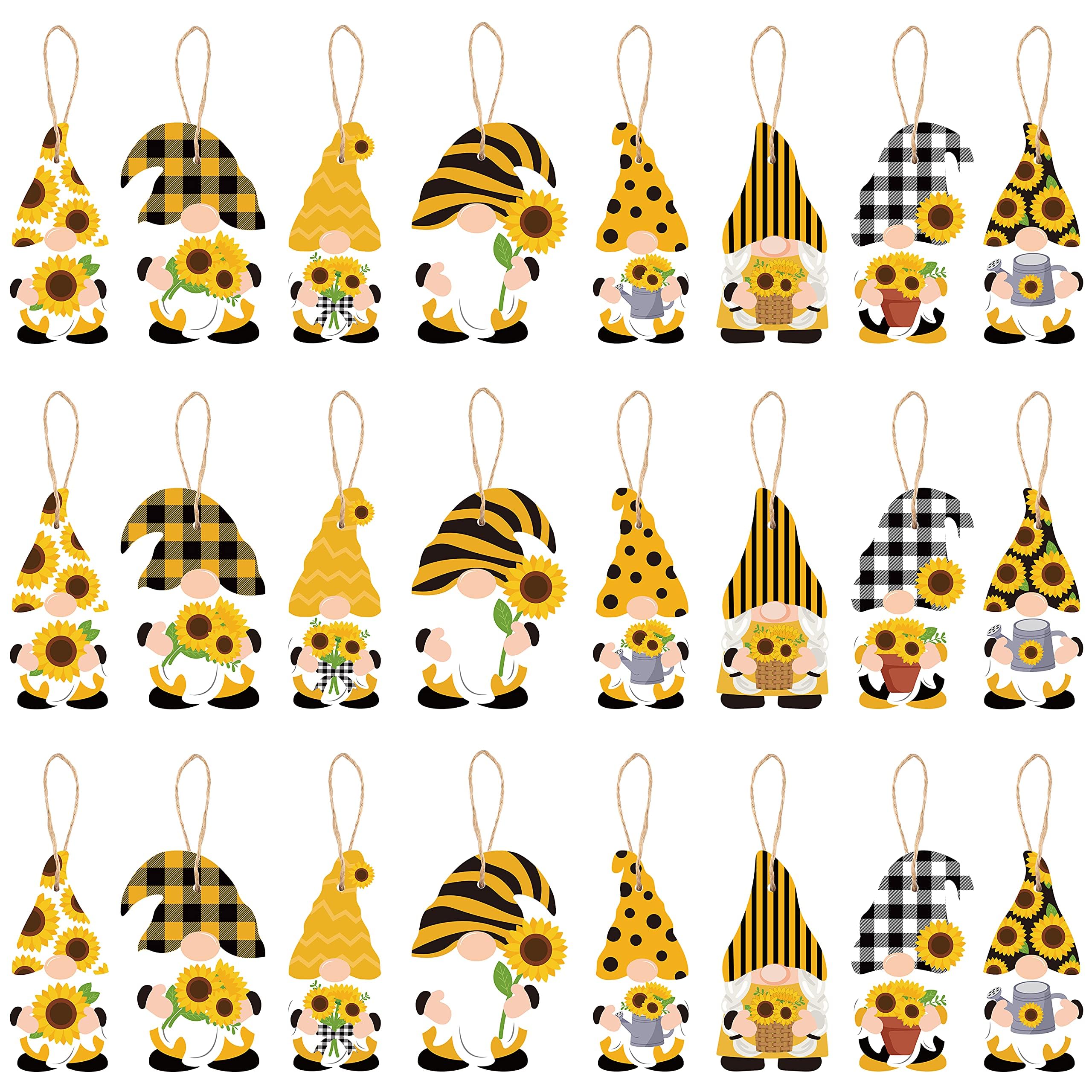 WATINC 25 Pack Sunflower Gnome Wooden Ornament, Hanging Wooden Pendants for Summer Party Decoration, Yellow Flower Gnome with Hat Handing Tag with Burlap Rope for Holiday Theme Party Favor Supplies