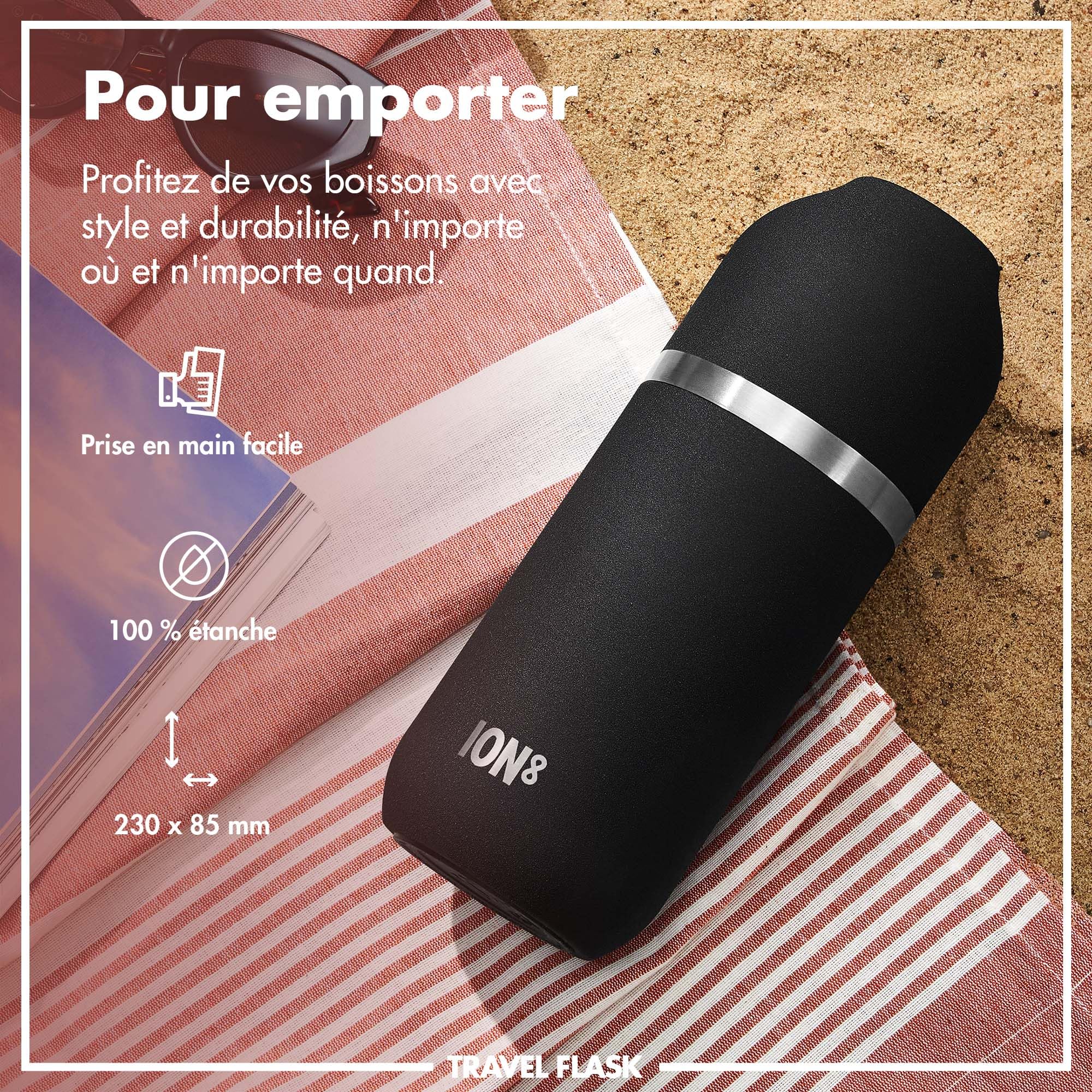 ION8 Gourde Isotherme ThermoShield pour Boissons Chaudes ou Froides, Grande Tasse Isotherme, Capacité de 2 Tasses, Bouchon Magnétique et Base Souple - Élégant et Écologique, Noir