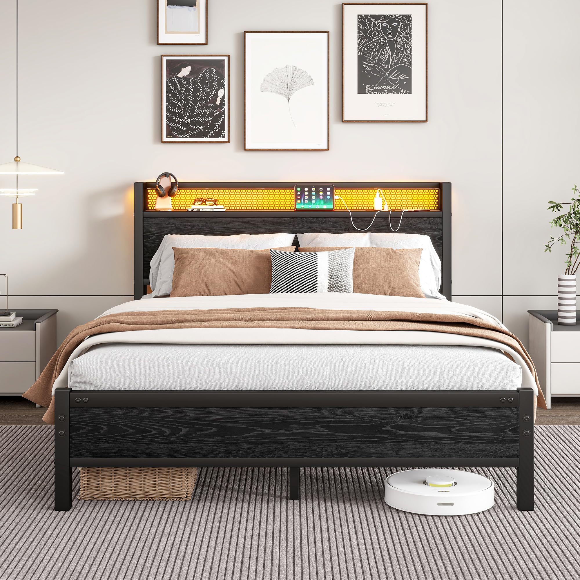 MOFLUT Double Bed Frame with Wooden Storage Headboard Shelf, 4ft6 Wooden Bed Frame Double Bed with Charging Station/USB Ports and LED Lights, Black