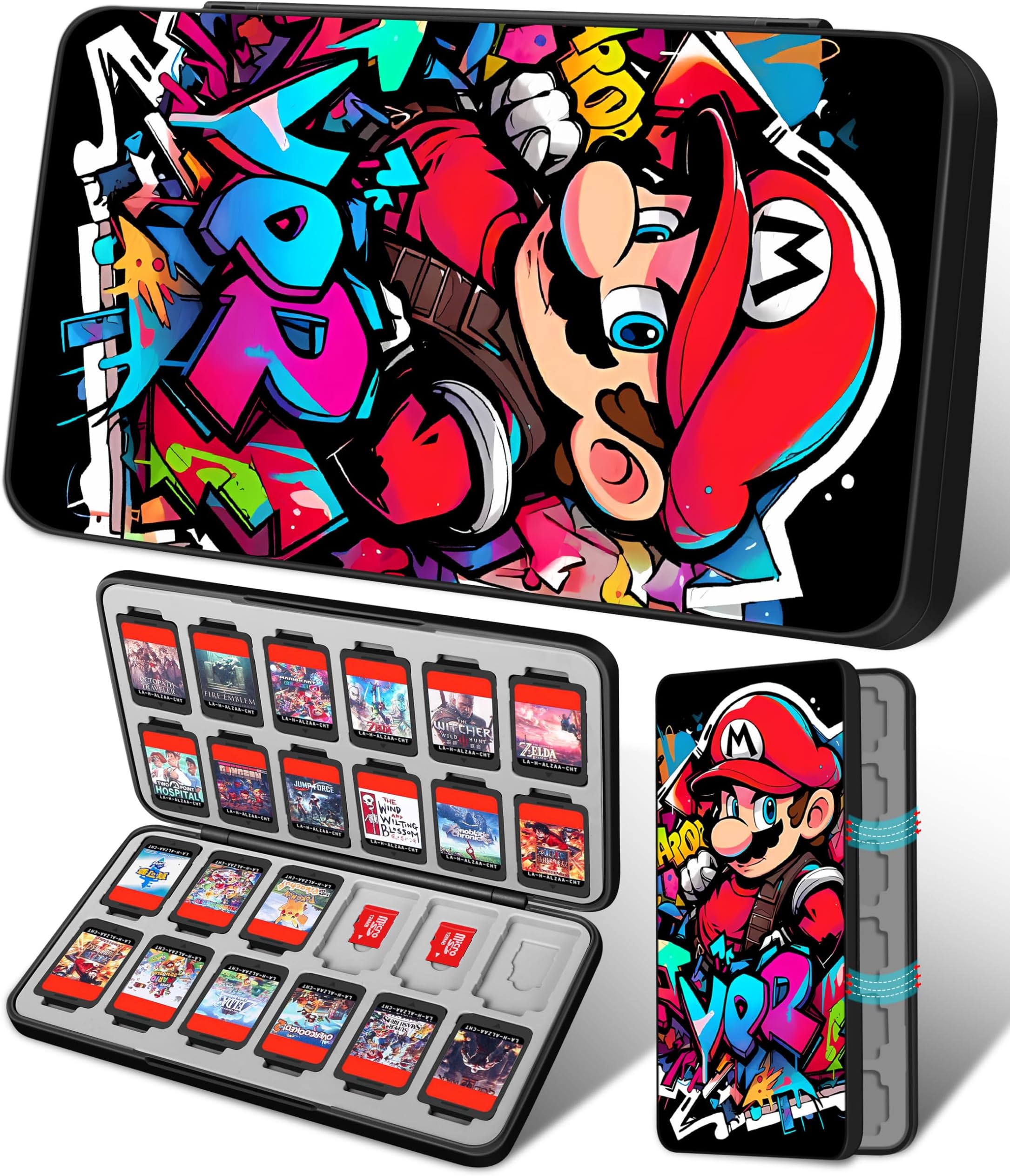 Xinocy for Nintendo Switch Game Case with 24 Game Holder Slots and 24 SD Micro Card Slots for Nintendo Switch/Lite/OLED,Cute Cartoon Games Cartridge Cases for Boys Kids Girls Kawaii Storage Box, Black