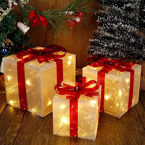 Miniatura 14 de Lulu Home Juego de 3 cajas de Navidad iluminadas, 60 luces LED con lazo, cajas de Navidad enchufables para árboles de Navidad, fiestas, decoración