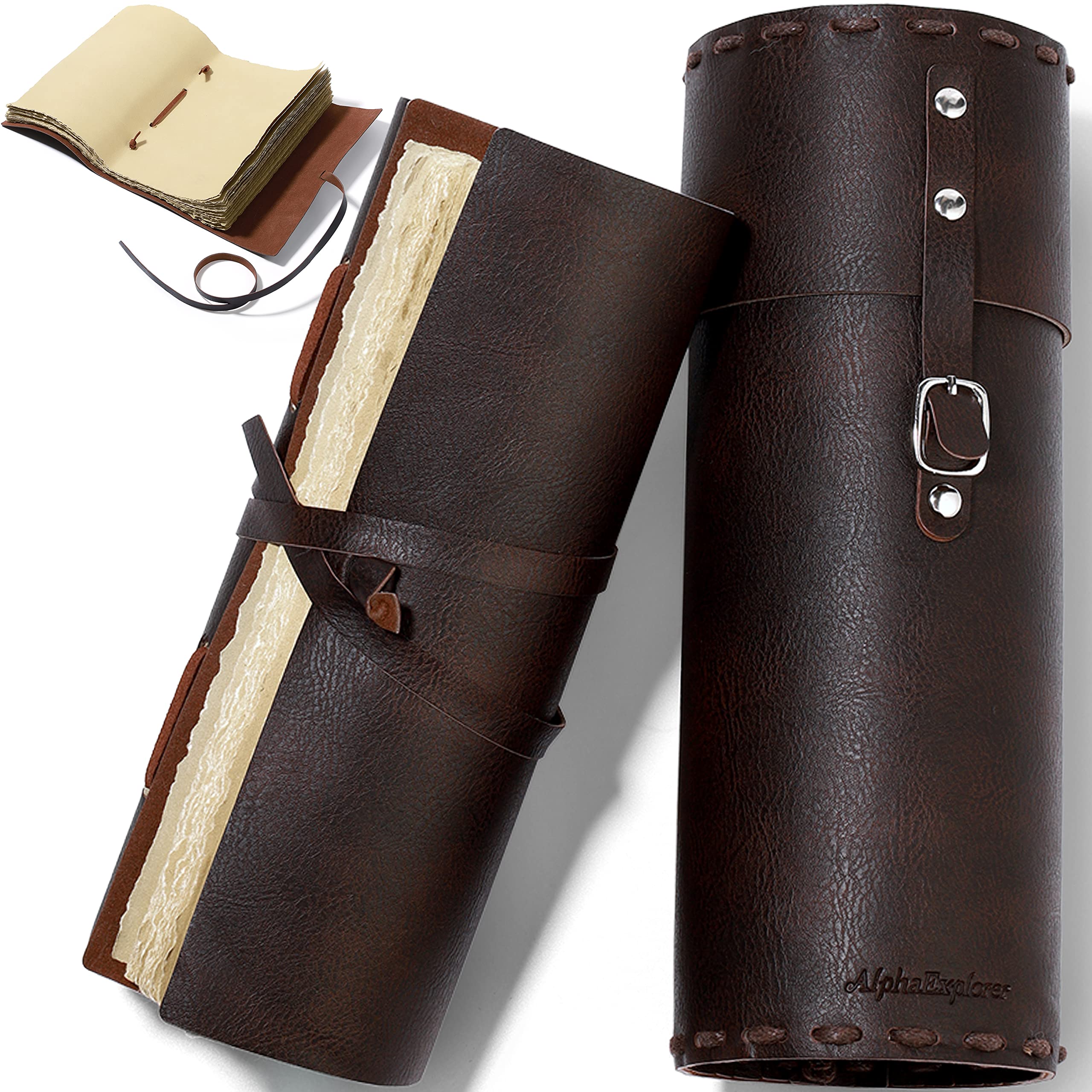 Handmade Scroll Vintage Leather Journal- 160 Pages Deckle Edge Rustic Paper, 6x8 Inches Travel Diary Vintage Journal - Leather Sketchbook - Leather Bound Journal, Great Gifts for Women Men