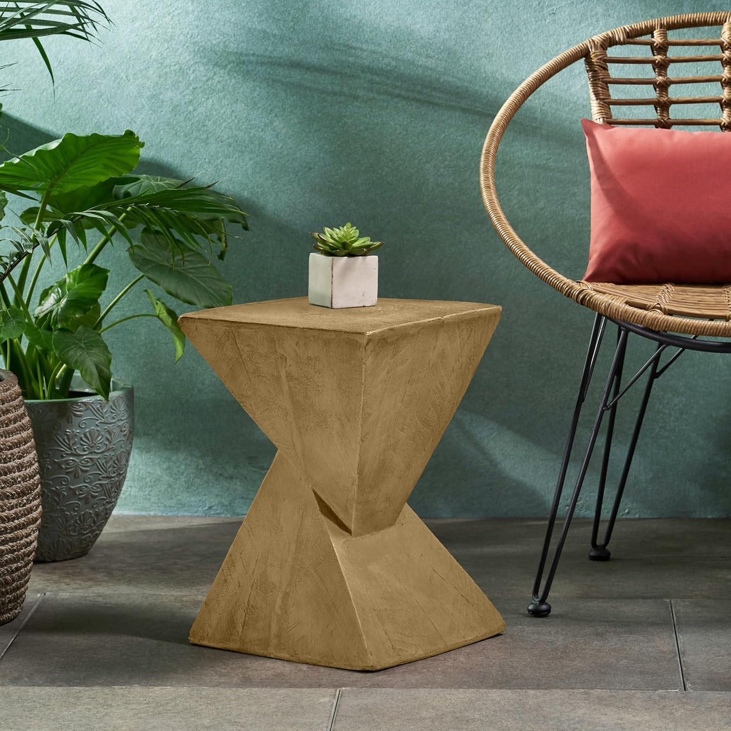 Christopher Knight Home Novi Outdoor Side Table, Geometric-Shaped Accent Side End Table, Garden Stool for Patio Balcony Beach Pool, Lightweight Concrete, Wood-Like Texture, Light Natural