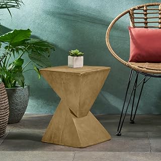 Merax Modern Concrete Side Table with Hourglass Design - Hand-Painted Wood Finish Accenttable for Indoor/Outdoor, Light Natural