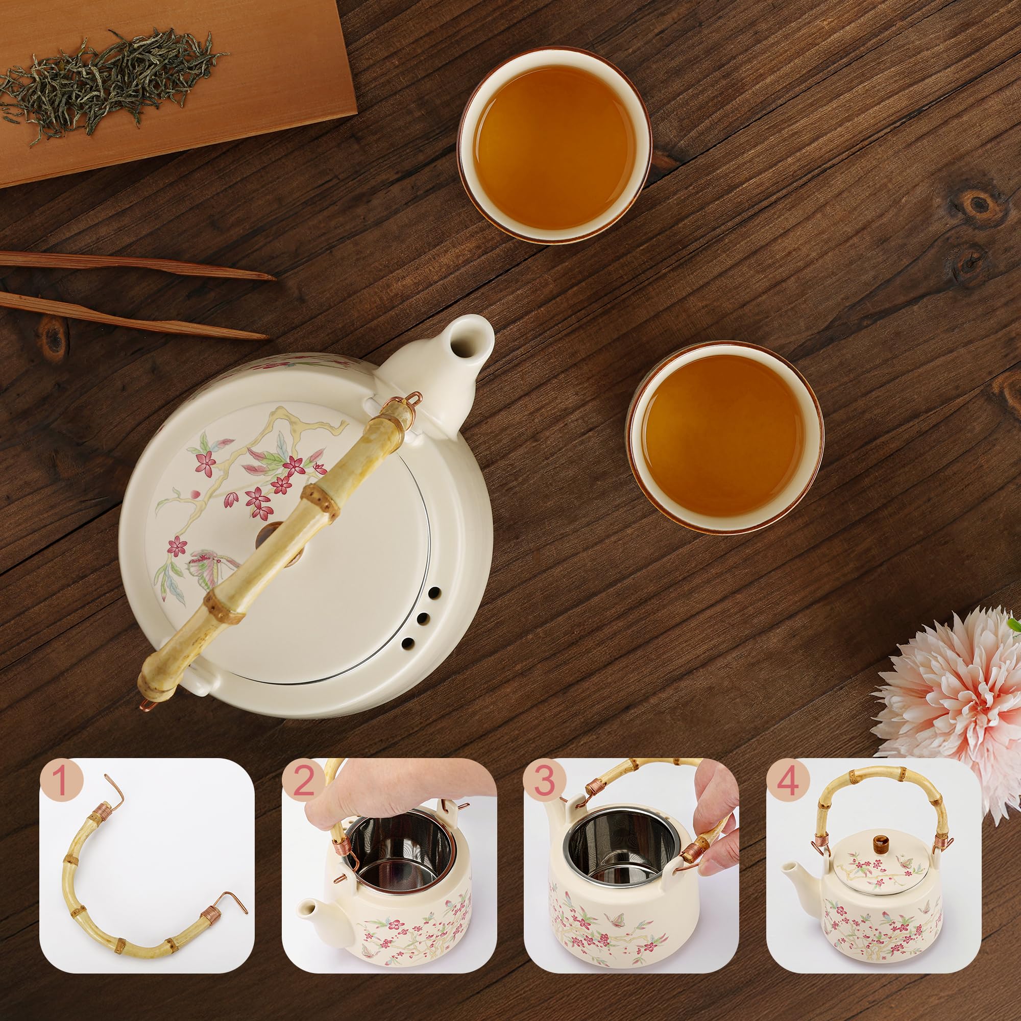 fanquare Juegos de té Kungfu con flores Tetera de porcelana esmaltada amarilla con infusor Tazas de té japonesas para adultos Regalo, una tetera con 4 tazas
