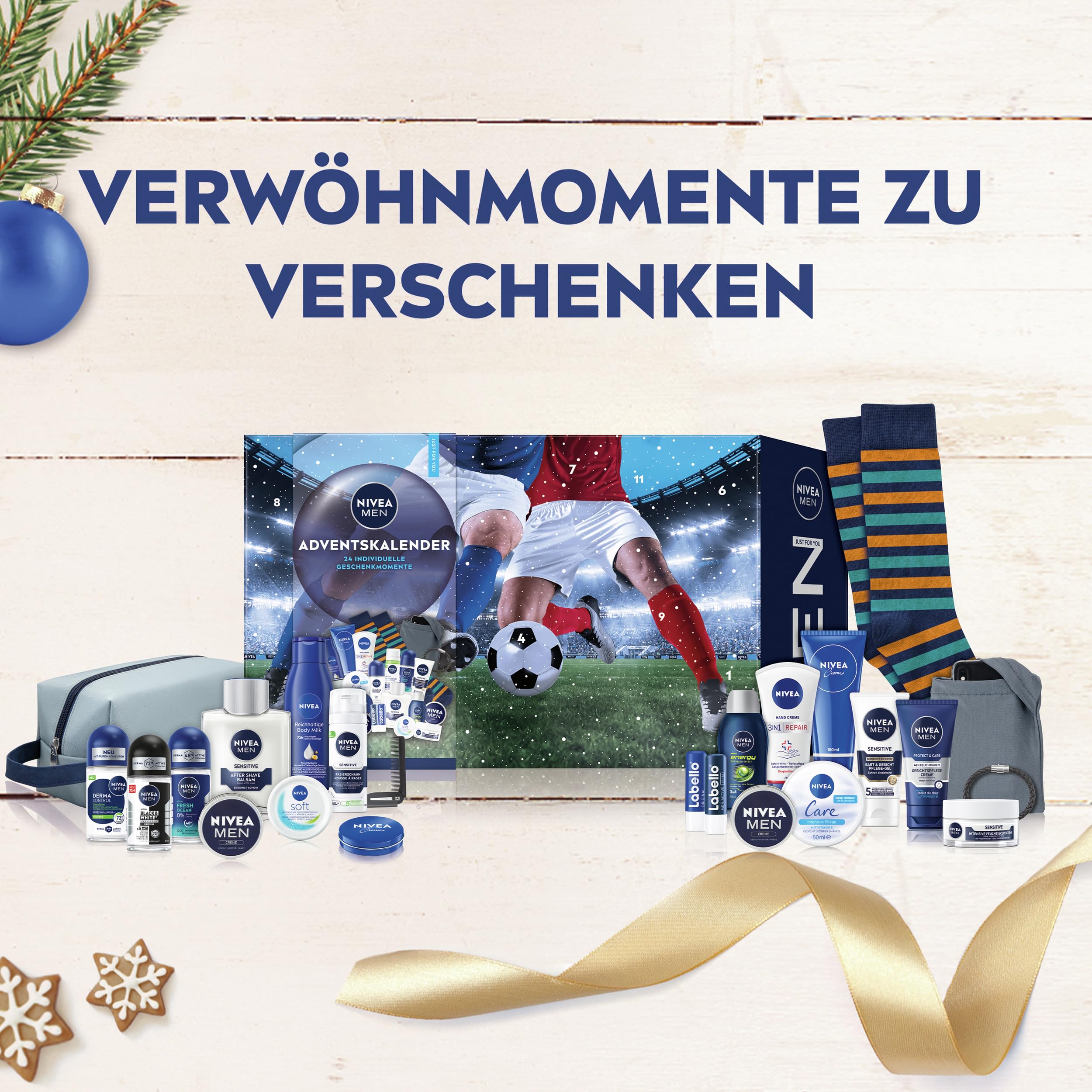 NIVEA MEN Adventskalender 2025-24 Türchen mit verwöhnenden Überraschungen, Weihnachtskalender mit Pflegeprodukten für die Adventszeit, NIVEA MEN, NIVEA und Labello Produkte