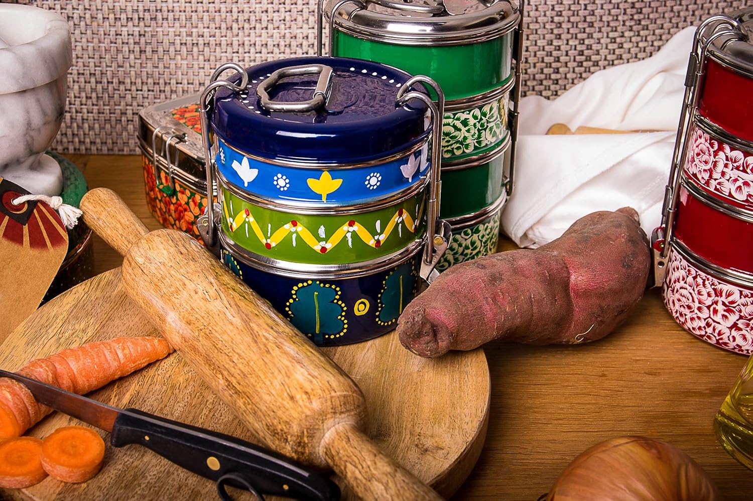 Indian-Tiffin Handpainted 3 Tier Madhubani Motifs Box