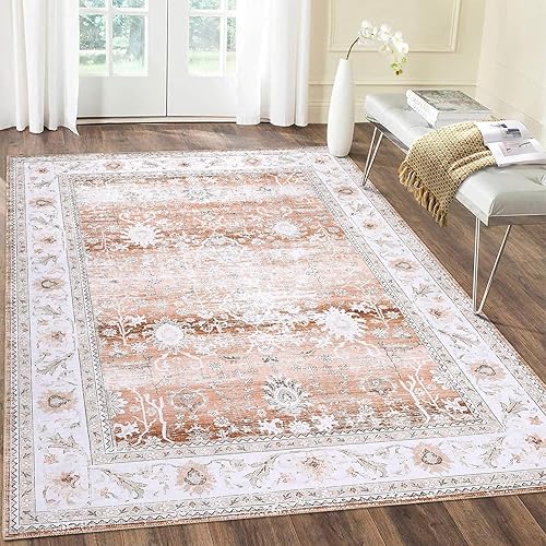 RUGSREAL Area Rug 6x9 Washable Rug Farmhouse Indoor Accent Rug Vintage Print Distressed Carpet Non Slip Boho Farmhouse Indoor Floor Cover for Living Room Bedroom, 6'x9', Light Orange