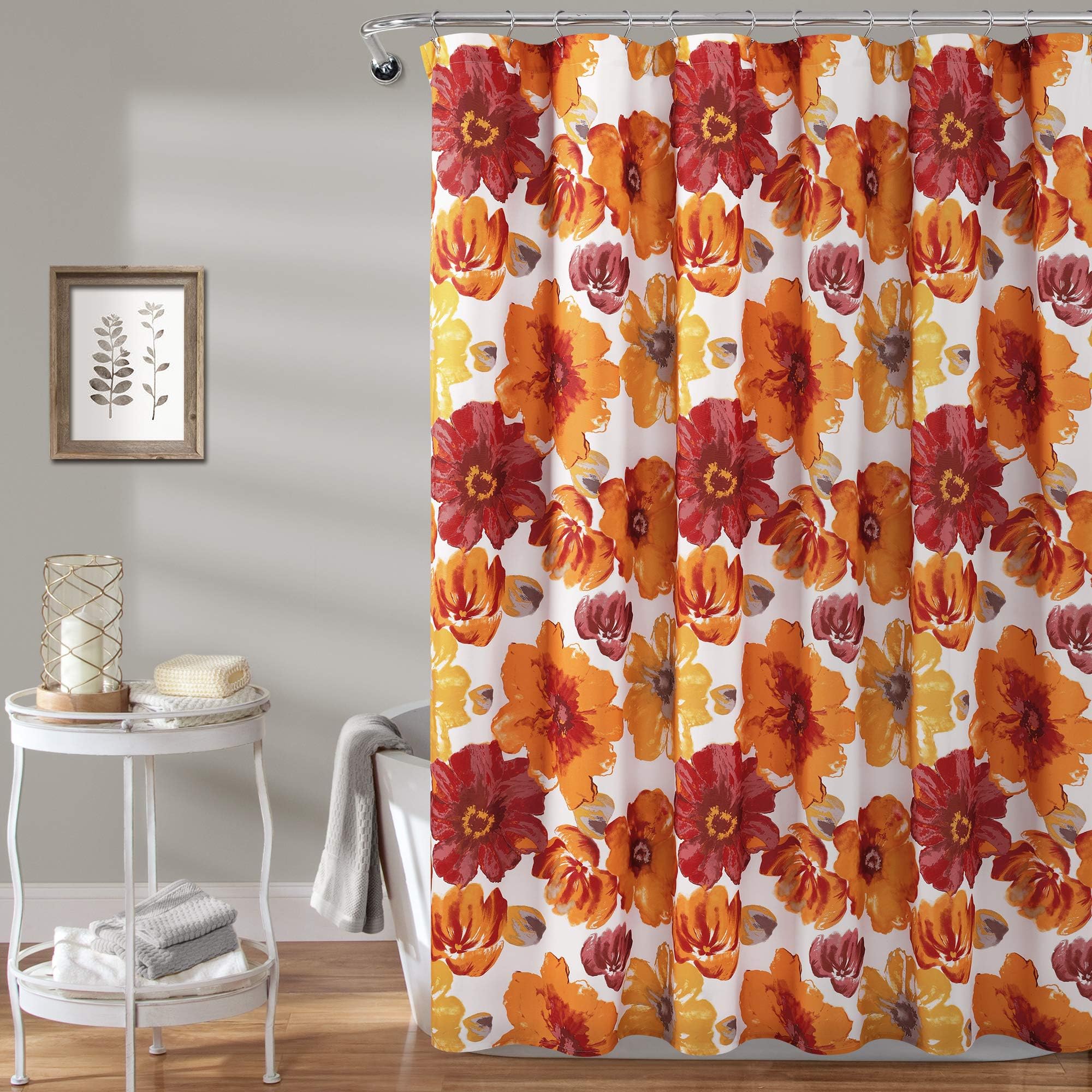 Red/Orange Leah Shower Curtain-Bathroom Flower Floral Large Blooms Fabric Print Design, x 72