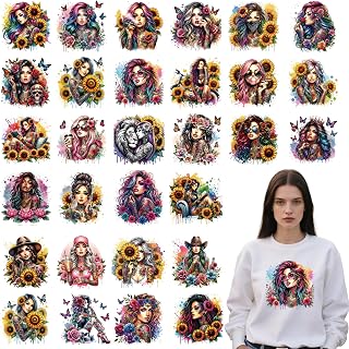 Dtf Transfers Ready to Press - 30 Pcs Sunflower Women Iron on Patches for T-Shirts, Bad Girl Iron on Stickers Butterfly Heat Transfer Vinyl Decals for DIY Fabric Clothes Decor