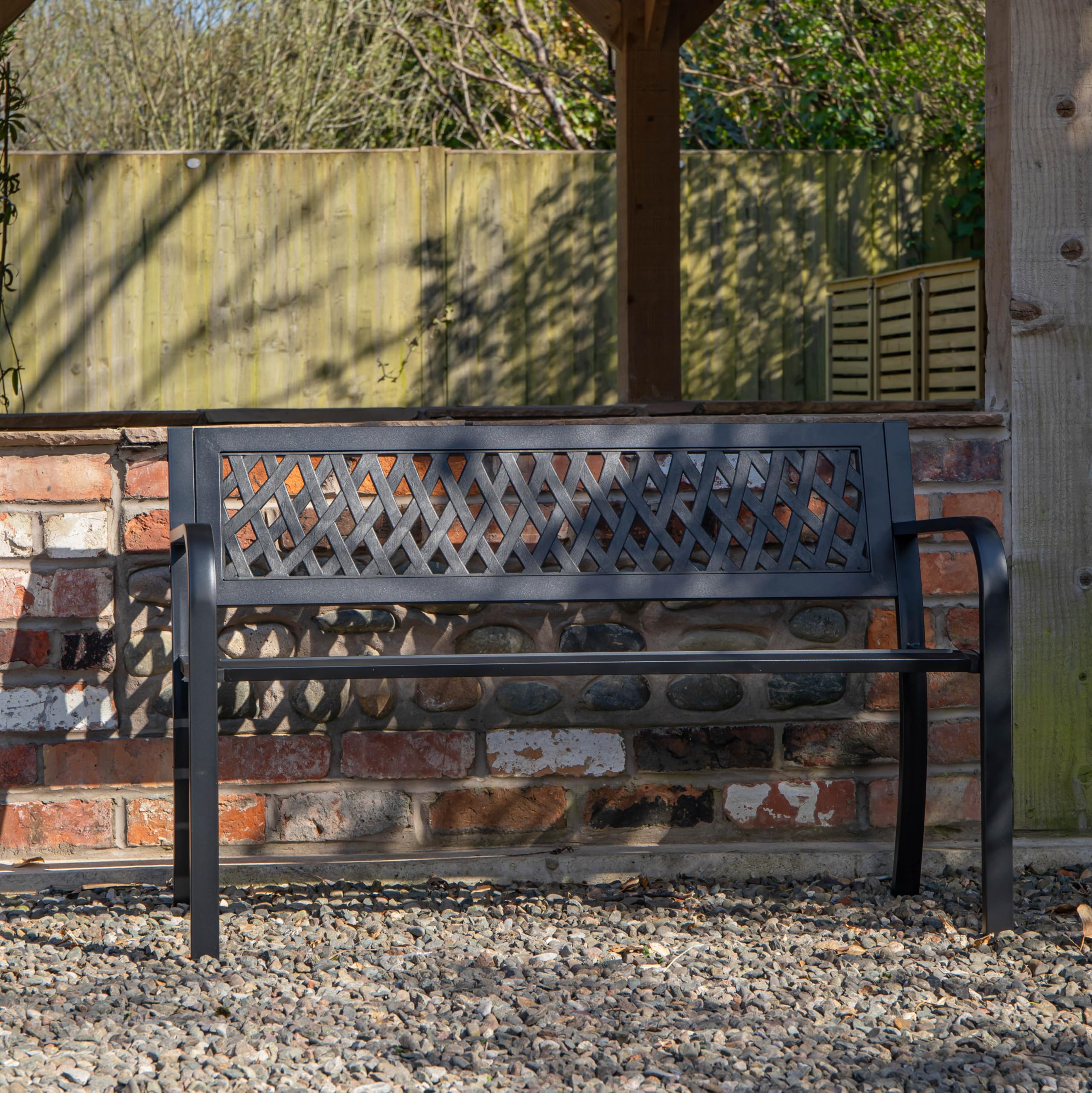 Keswick Metal Garden Bench 2 Seater – Outdoor Bench for Patio, Garden, Balcony or Porch – Weather Resistant Black Powder Coated Frame with Lattice Backrest – Comfortable Small Garden Seat for 2 Adults