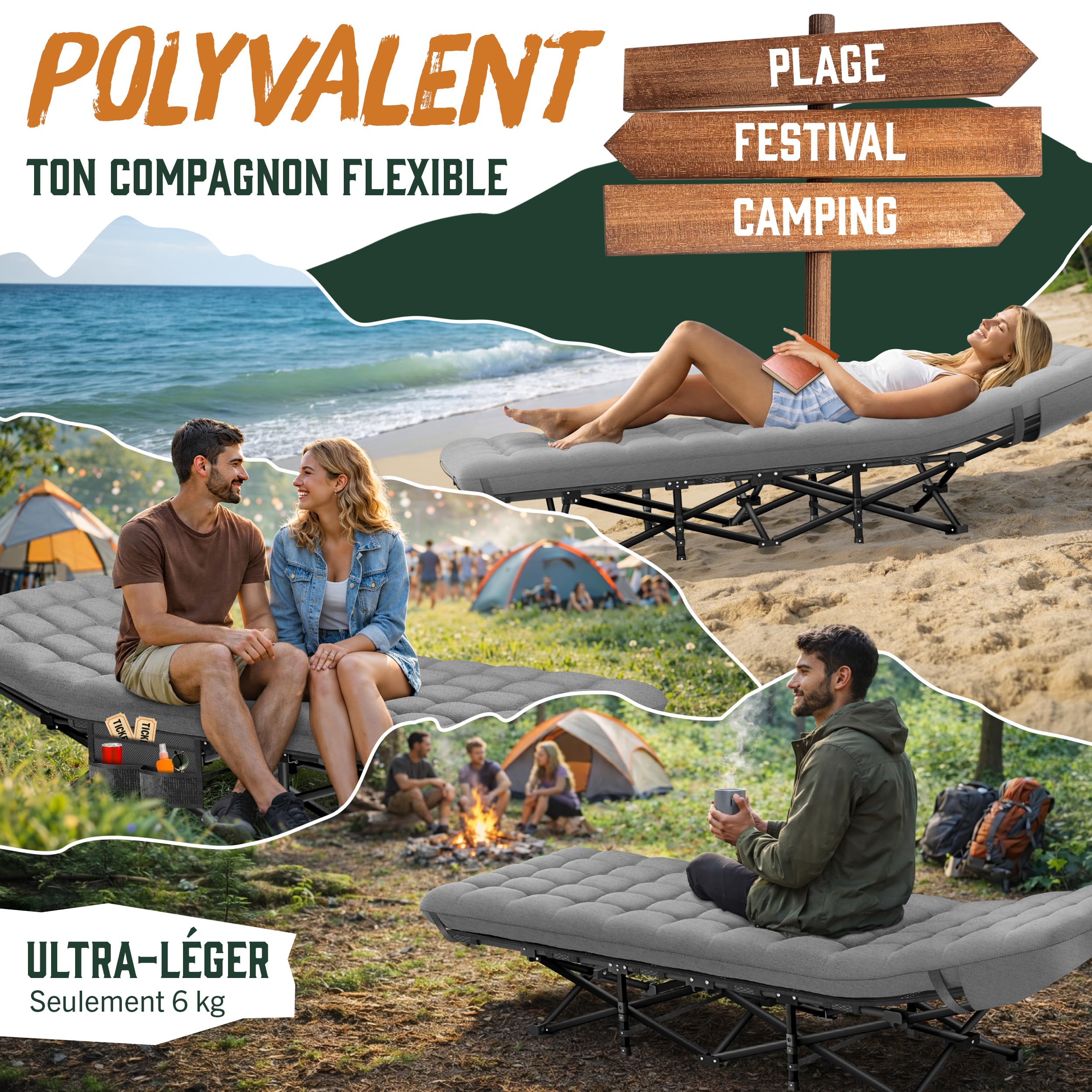 ELONEO Nouveau lit de Camp Pliable avec surmatelas Premium | Lit de Camping Jusqu’à 200kg de Charge | Lit d’appoint Pliable | Lit Pliant intérieur et extérieur | Lit de Voyage Adultes