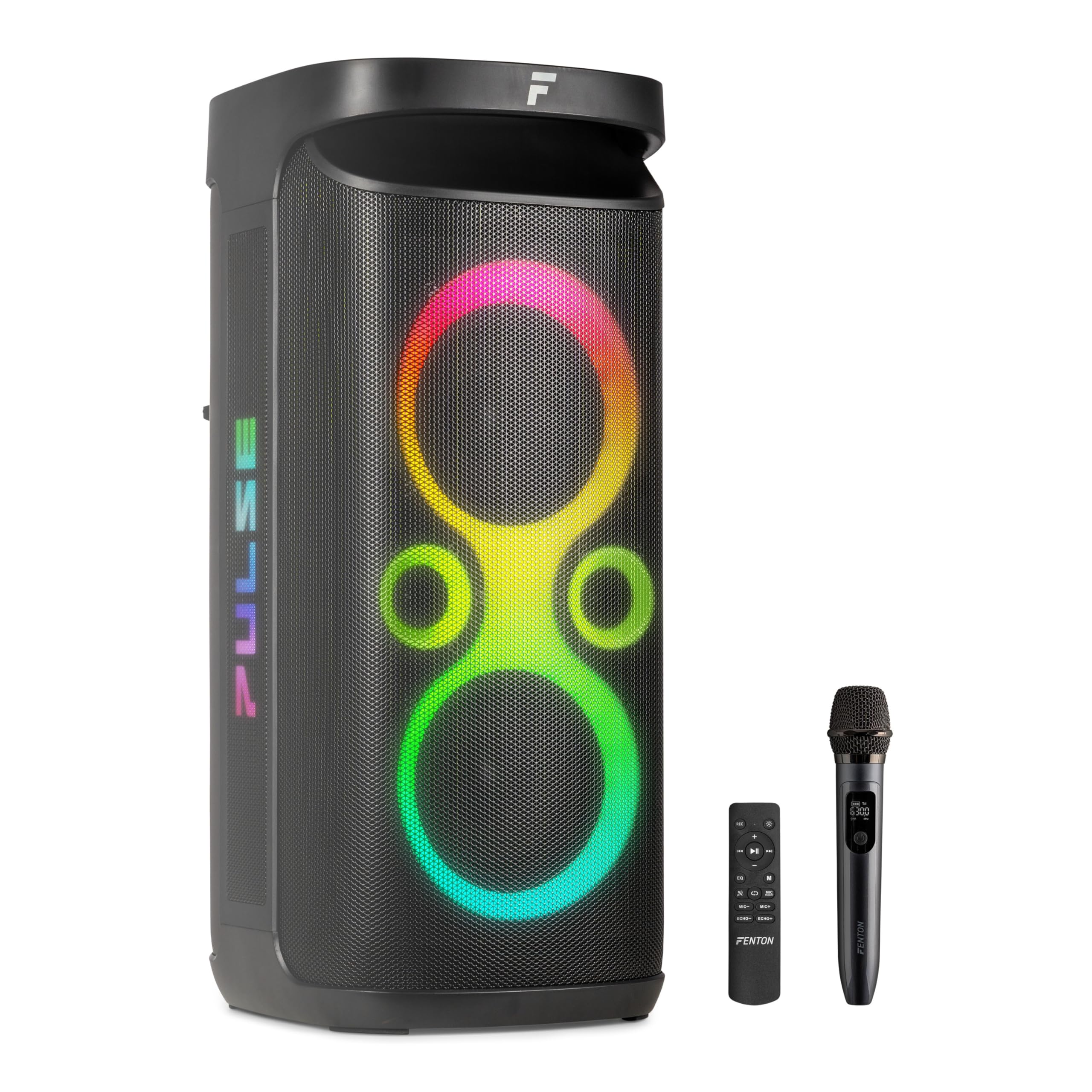 Fenton Pulse130 Enceinte de Soirée Lumineuse Bluetooth - 260 Watts, Batterie Longue Autonomie 12H, Résistance aux Éclaboussures IPX4, Idéale pour Toutes Vos Soirées en Intérieur ou Exterieur