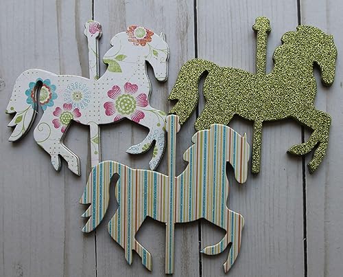 Miniatura 1 de 12 Carousel HORSES lime, turquoise, orange glittered chipboard die cuts 4" x 3 3/8"