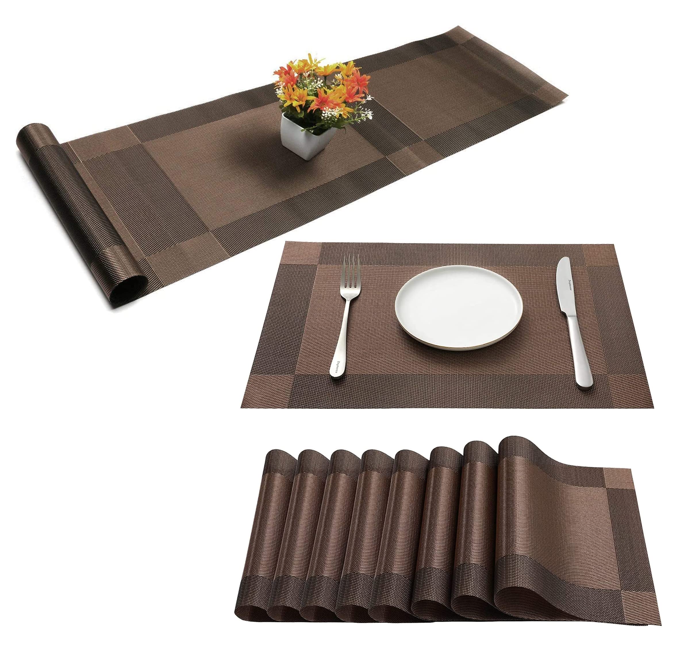 WOODTULA Table Runner and Placemats Set of 6 - PVC Table Mats - PlaceMats for Dining Table - PVC Table Mats - Kitchen mats (8-Piece Placemat, 1-Piece Runner, Gold) (B0C14RDX75) Amazon Price History, Amazon Price Tracker