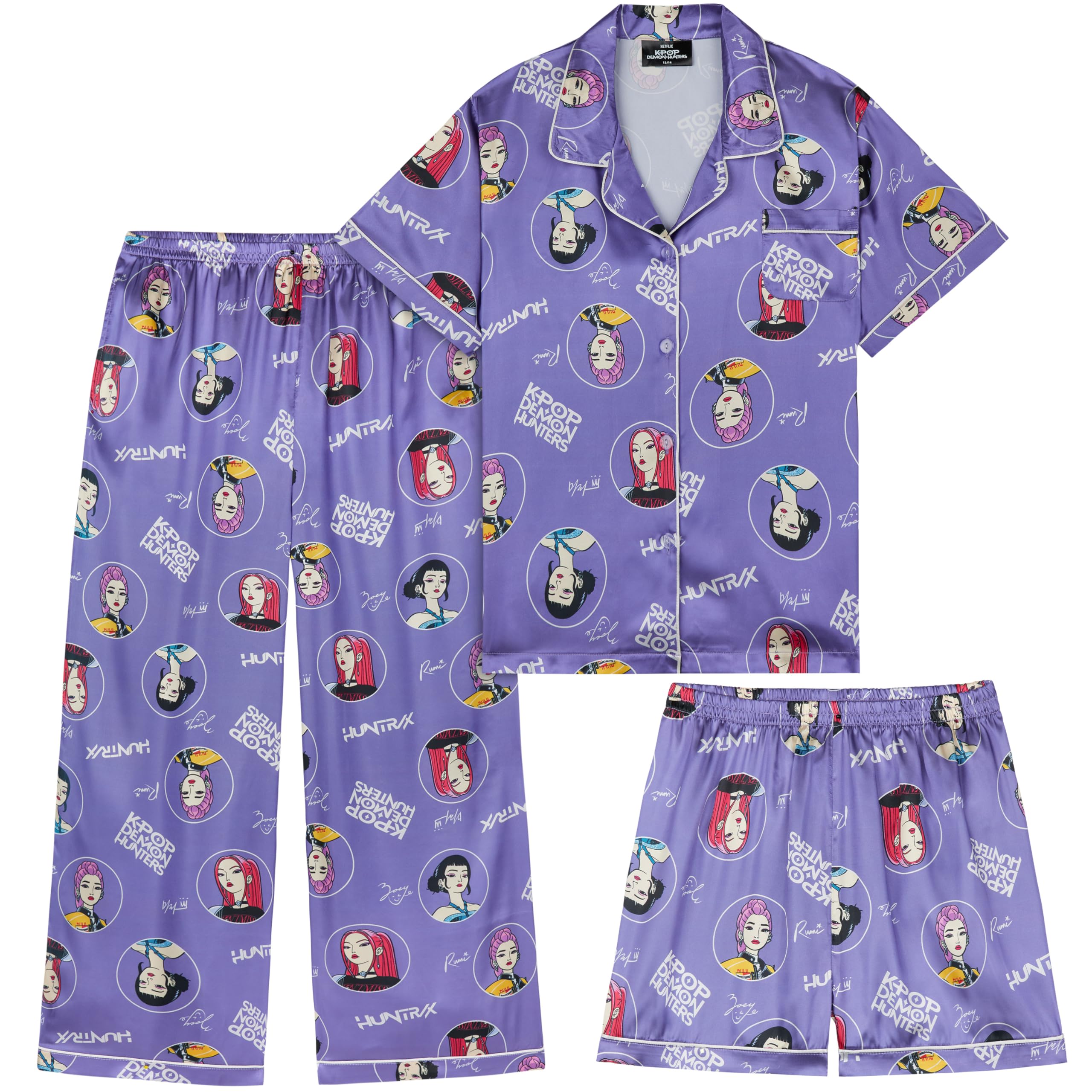 Pijama Niñas 5-14 Años Conjunto Satén 3 Piezas Camiseta Manga Corta Pantalon Largo y Corto