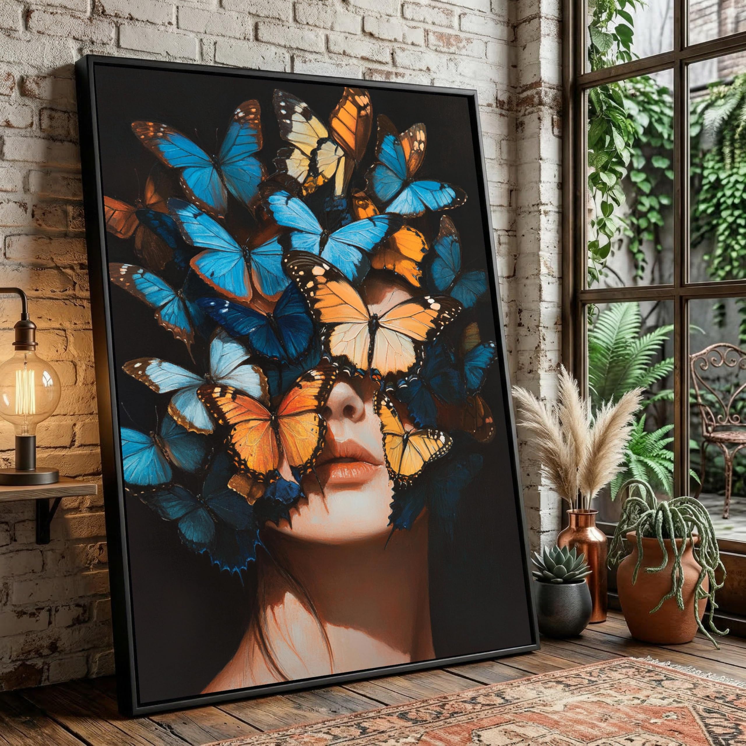 LMYCHENG Surrealistyczny obraz twarz motyla niebieskie i pomarańczowe skrzydła, abstrakcyjny portret druk na płótnie dekoracja domu motyw natury (70 x 100 cm/ramka wewnętrzna)