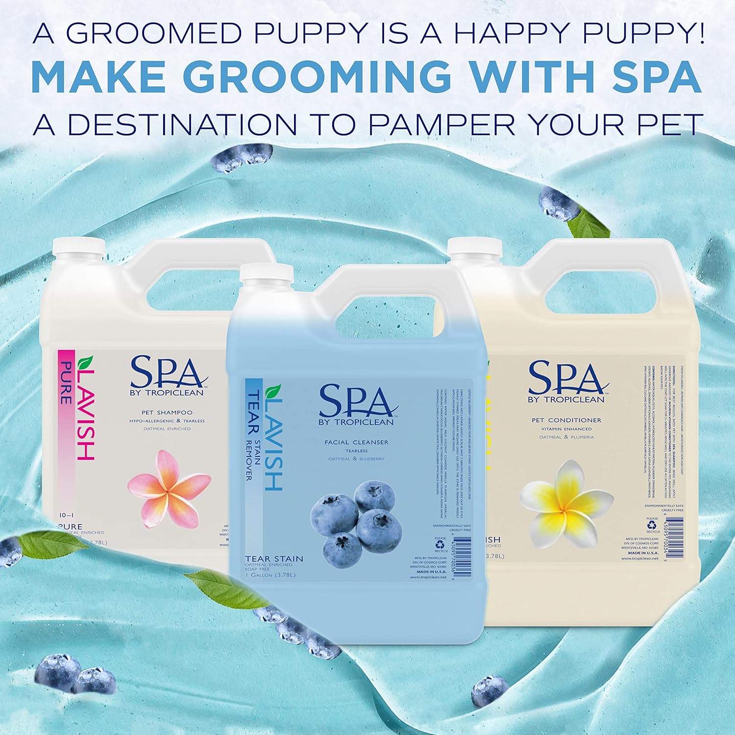 TropiClean SPA Tear Stain Remover for Dogs | Blueberry Facial Shampoo | Odor Eliminator | Tearless | Whitening and Brightening | Made in USA | 1 Gallon