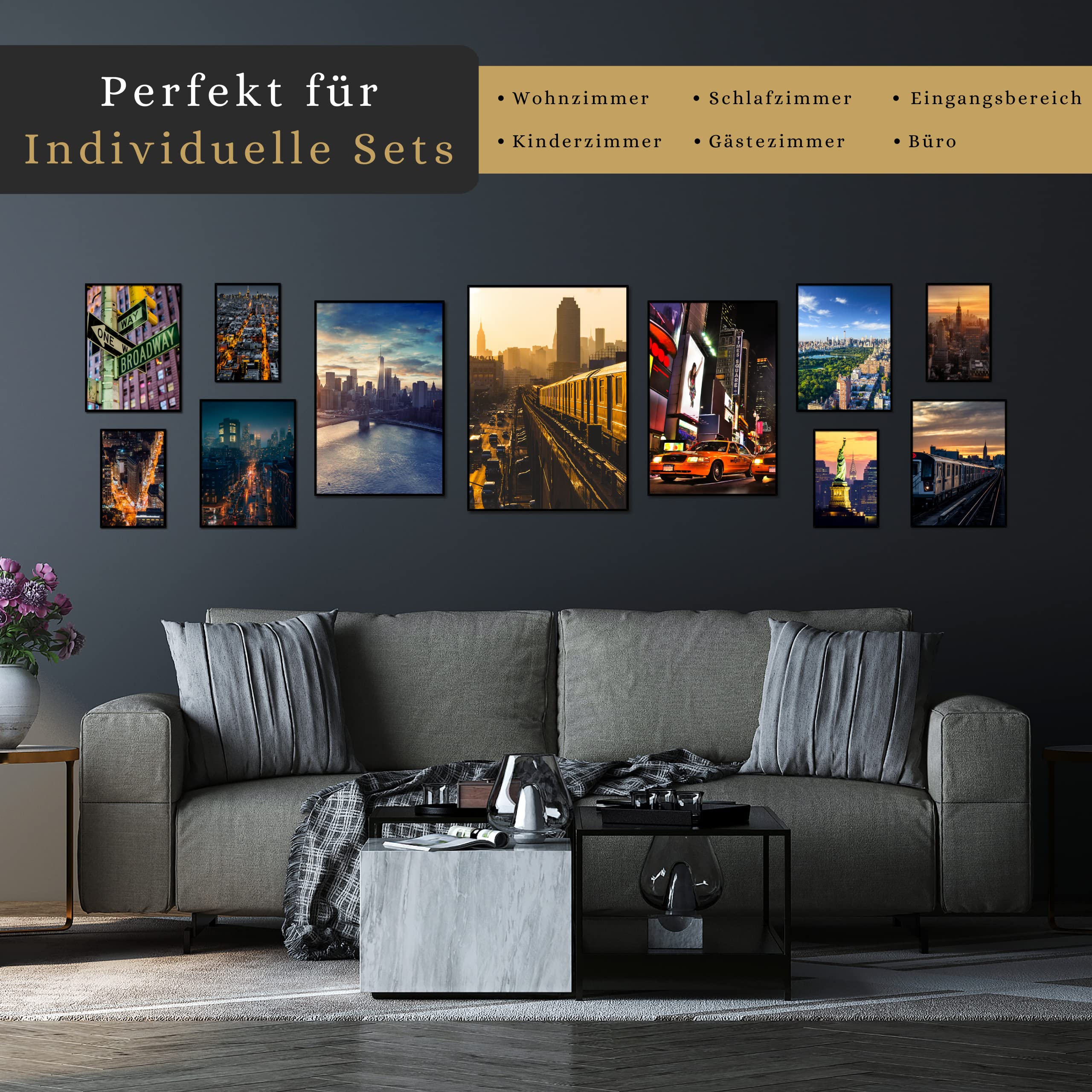 daazoo Wandbild Empire State Building Sunset | 50 x 70 cm Hochformat | Bild mit Rahmen schwarz Hochformat | groß XXL City | New York Wahrzeichen Skyline | Wohnzimmer Büro