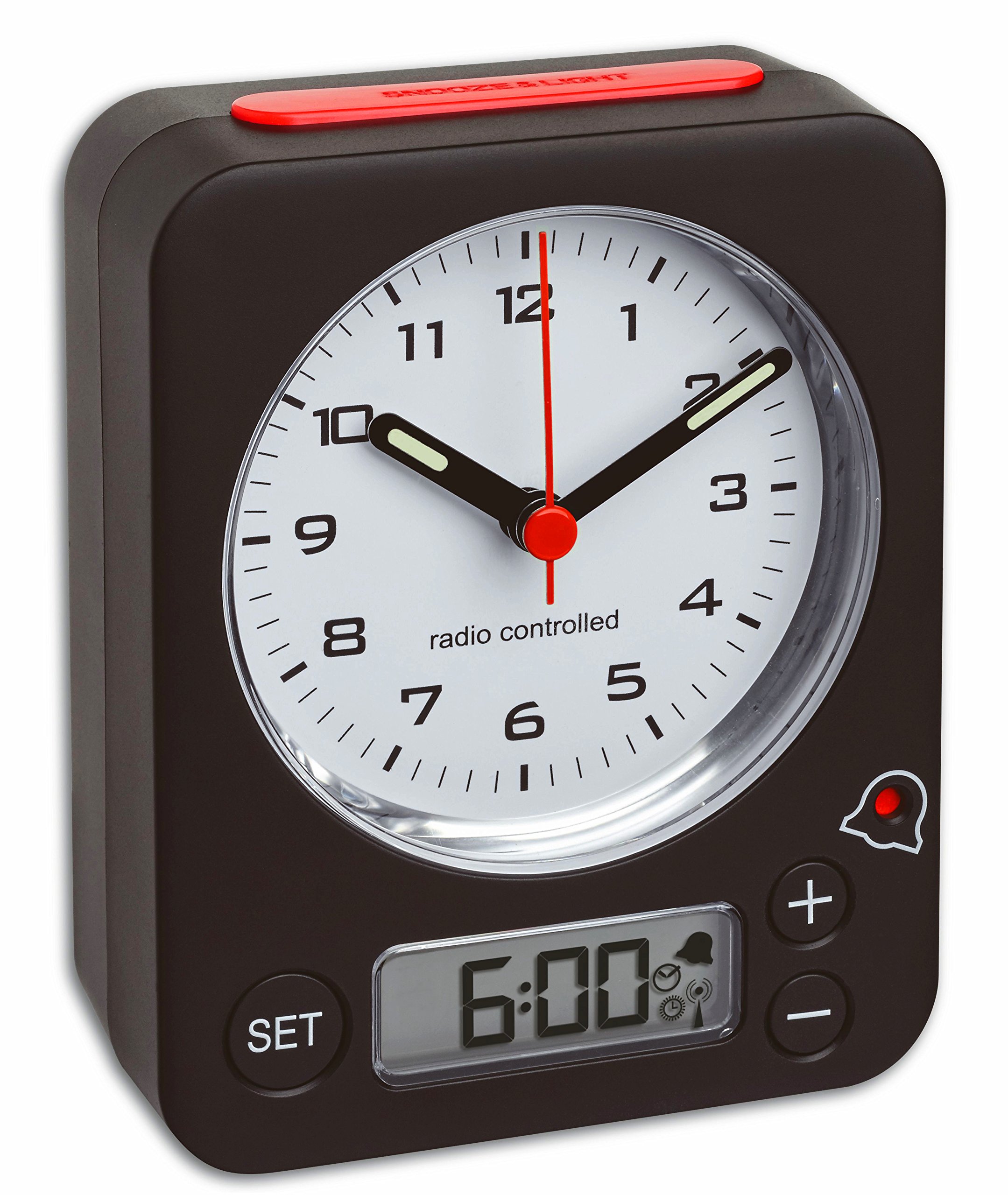 TFA Dostmann Combo Funkwecker, 60.1511.01.05, Analoge Uhrzeit und digitaler Wecker, Funkuhr, einfache Bedienung, leise, rundumlaufende Beleuchtung, für das Schlafzimmer, batteriebetrieben, schwarz