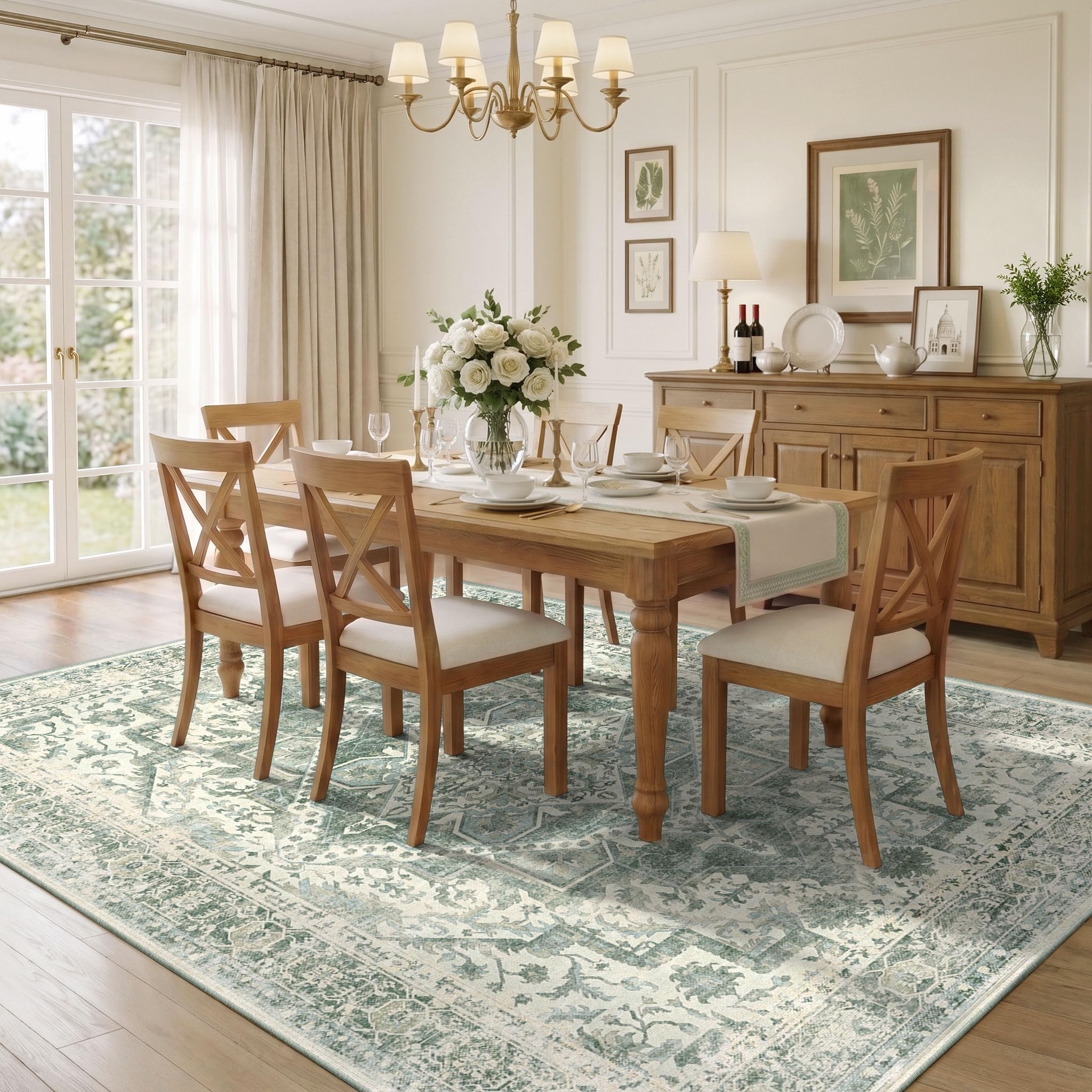 INOVADAY Waschbarer Teppich Wohnzimmer 120x170 cm Vintage Grün | Teppich Schlafzimmer, Teppich Waschbar, Esszimmer, Küche, Boho, Kurzflor, Rutschfest, Weiche, OEKO, Staubsauger, Gefaltet