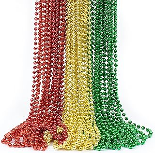 GIFTEXPRESS 72 pack of 33 Mardi Gras Beads Necklace, Metallic Red Gold Green Beaded Necklace, Mardi Gras Throws, Party Beads Costume Necklaces