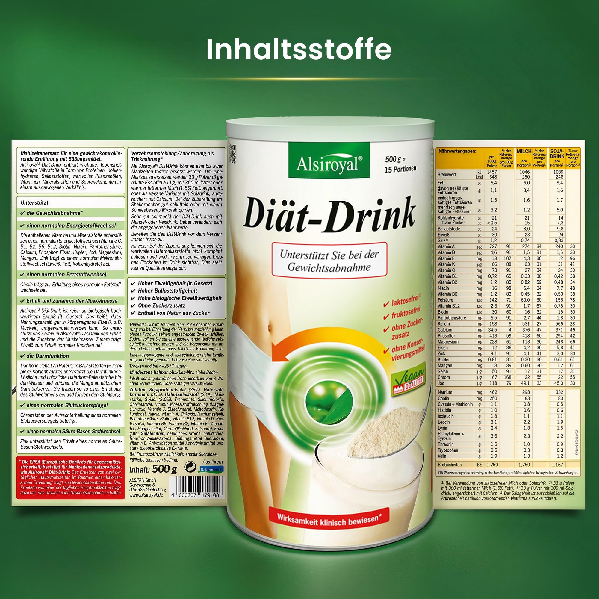Alsiroyal Diät-Drink · Wirsamkeit bewiesen · schmeckt, sättigt, aktiviert | Abnehmshake & Diät Shake zum Abnehmen · Mahlzeitenersatz ohne Zuckerzusatz · ballaststoff- & eiweißreich · vegan, glutenfrei