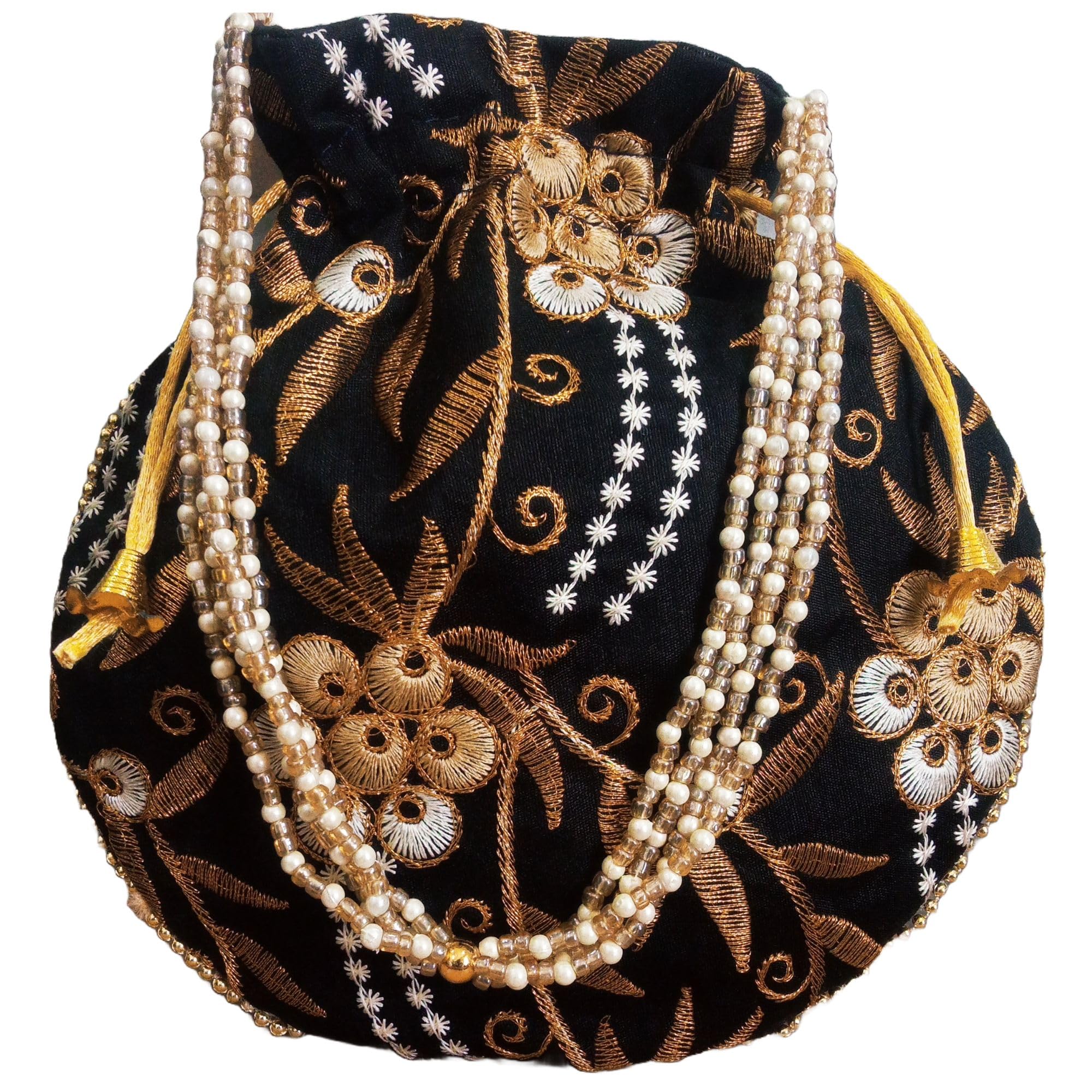 Potli Bag for Women Ethnic Gold, Pearl Handle Floral Accents, Drawstring Closure Pearls Handle Batwa Clutch Purse