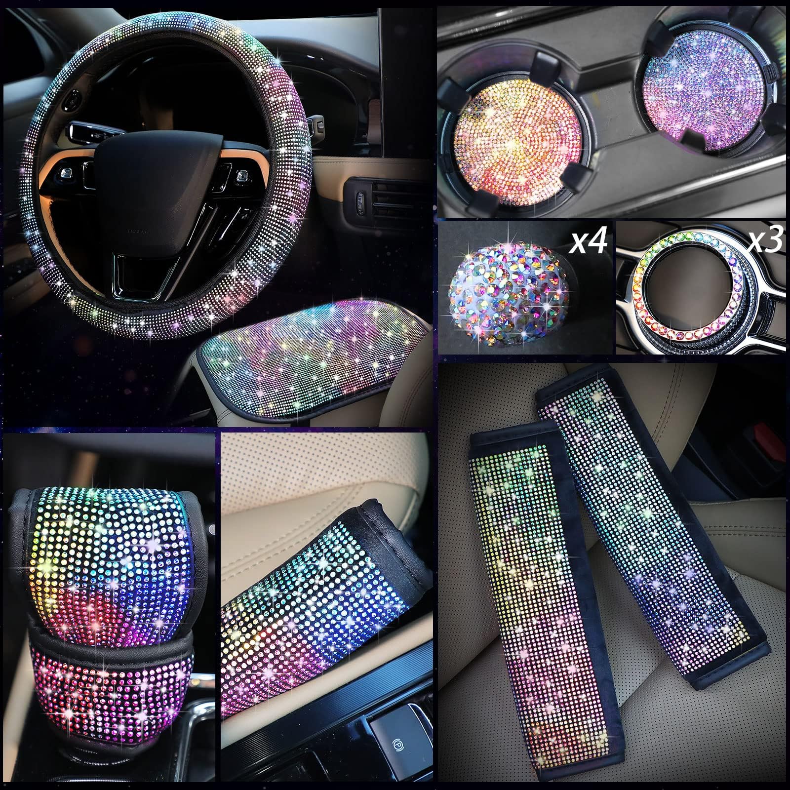 15 Pcs Bling Car Accessories Set, Include Rhinestone Steering Wheel Cover Crystal Handbrake Cover and Center Console Glitter Bling Car Accessories 3 Sticker Ring Emblem 4 Valve Stem Cap 2 Holder