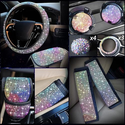 Juego de 15 accesorios brillantes para automóvil, incluye funda para volante de diamantes de imitación, cubierta de freno de mano de cristal y