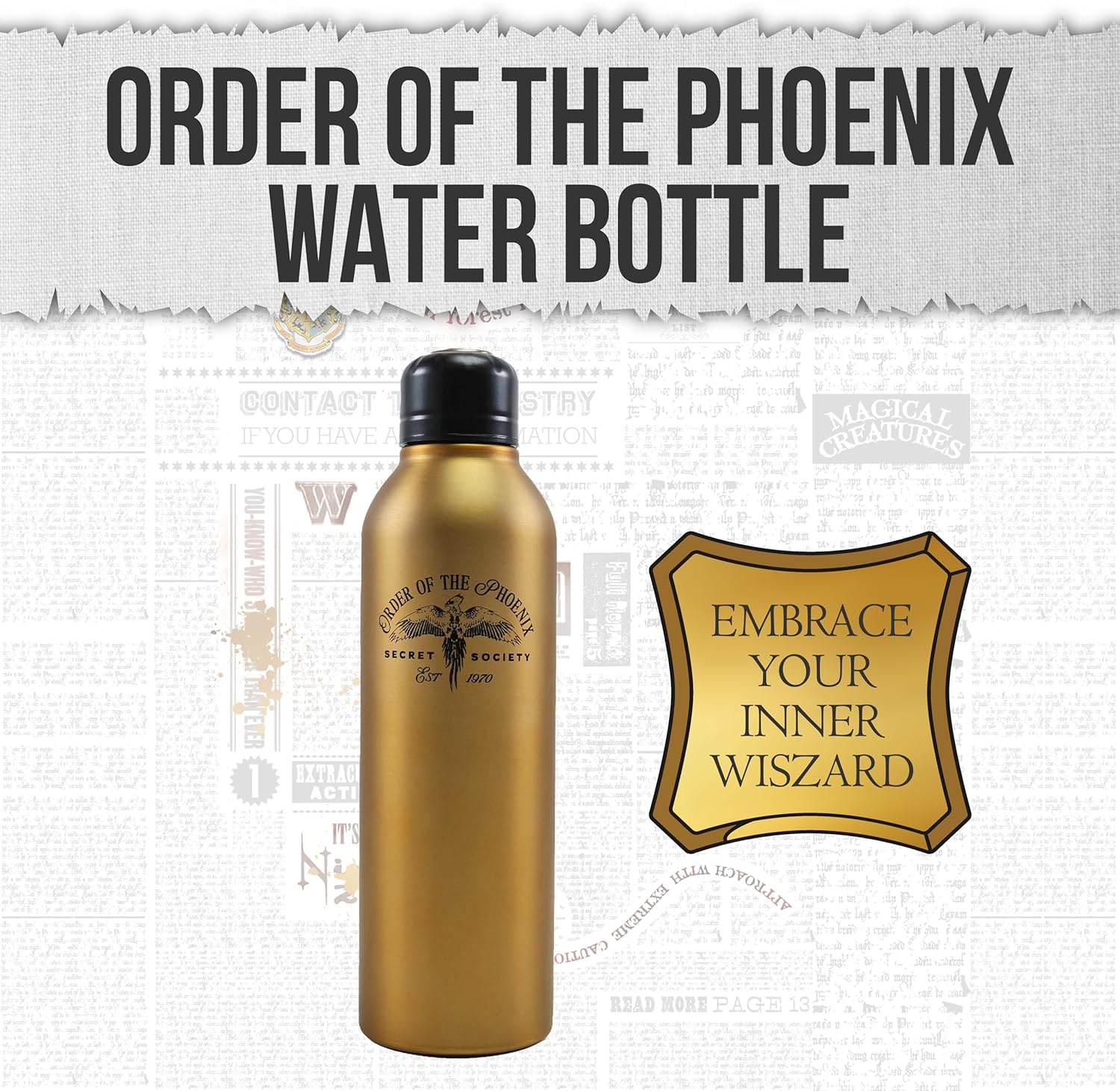 Blue Sky Studios Harry Potter Water Bottle Metal, Gold Steel Material, 750 ml, Merchandise and Gift - Order of The Phoenix