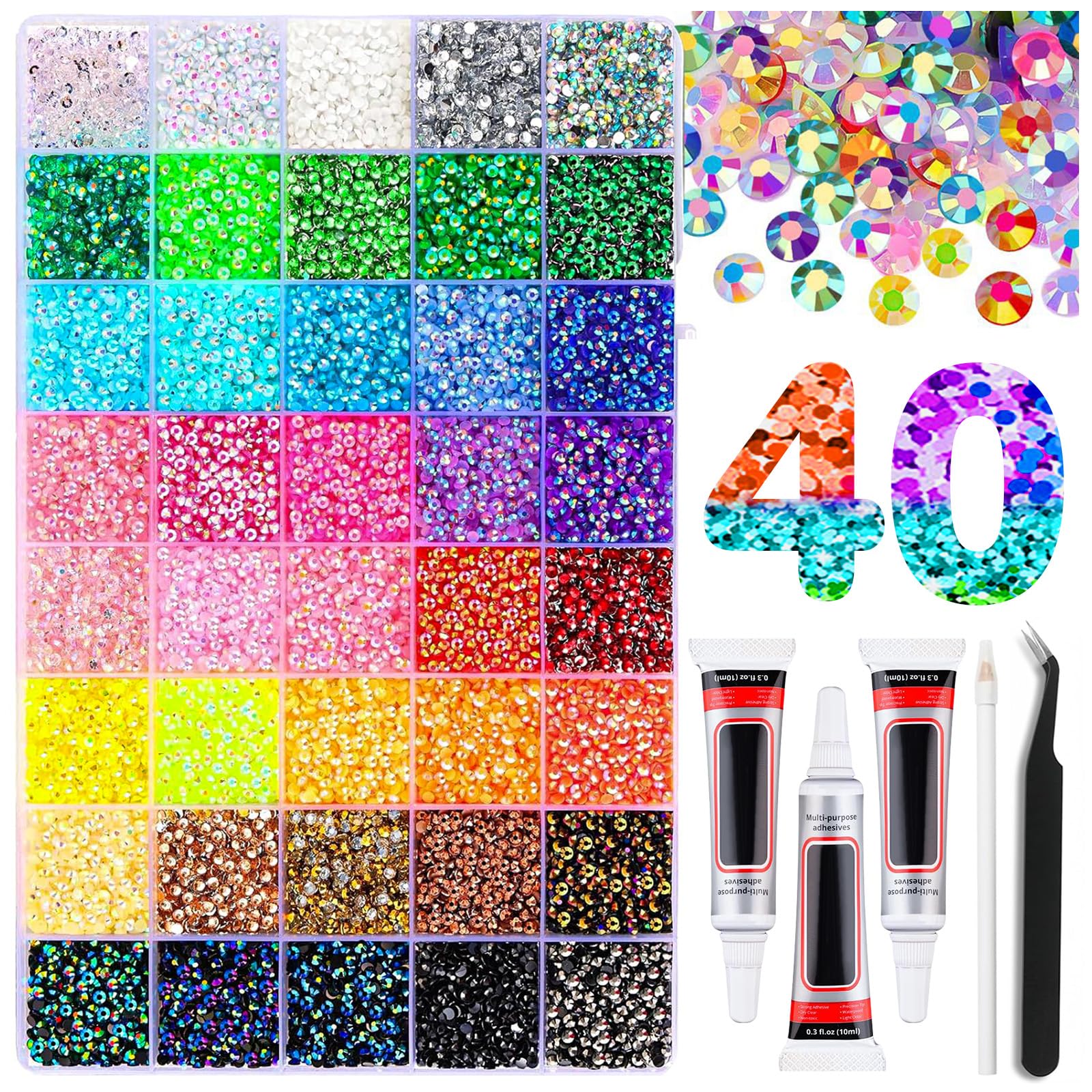 Kit Strass à Coller 32000PCS, 40 Couleurs Strass 3 mm avec Colle et Stylo, Bedazzling Kit DIY pour Nail Art, Ongles, Vêtements, Chaussures, Tasses et Décoration Artisanale