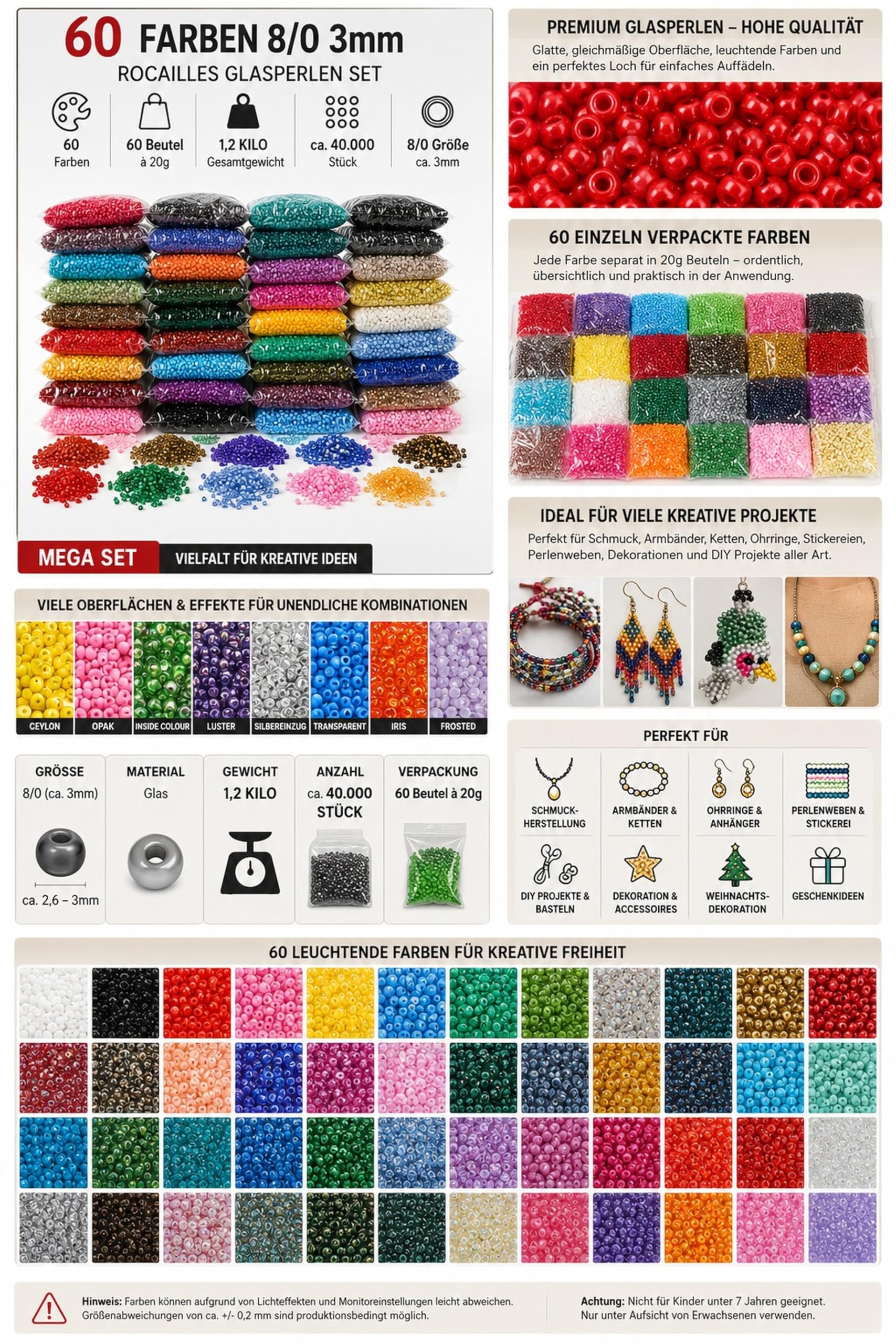 Perlin Rocailles 8/0 Perline di vetro da 3 mm, 60 colori, 40.000 pezzi, 1,2 kg | Perline indiane, accessori per gioielli da infilare per bracciali, collane, tessitura di perline, progetti fai da te